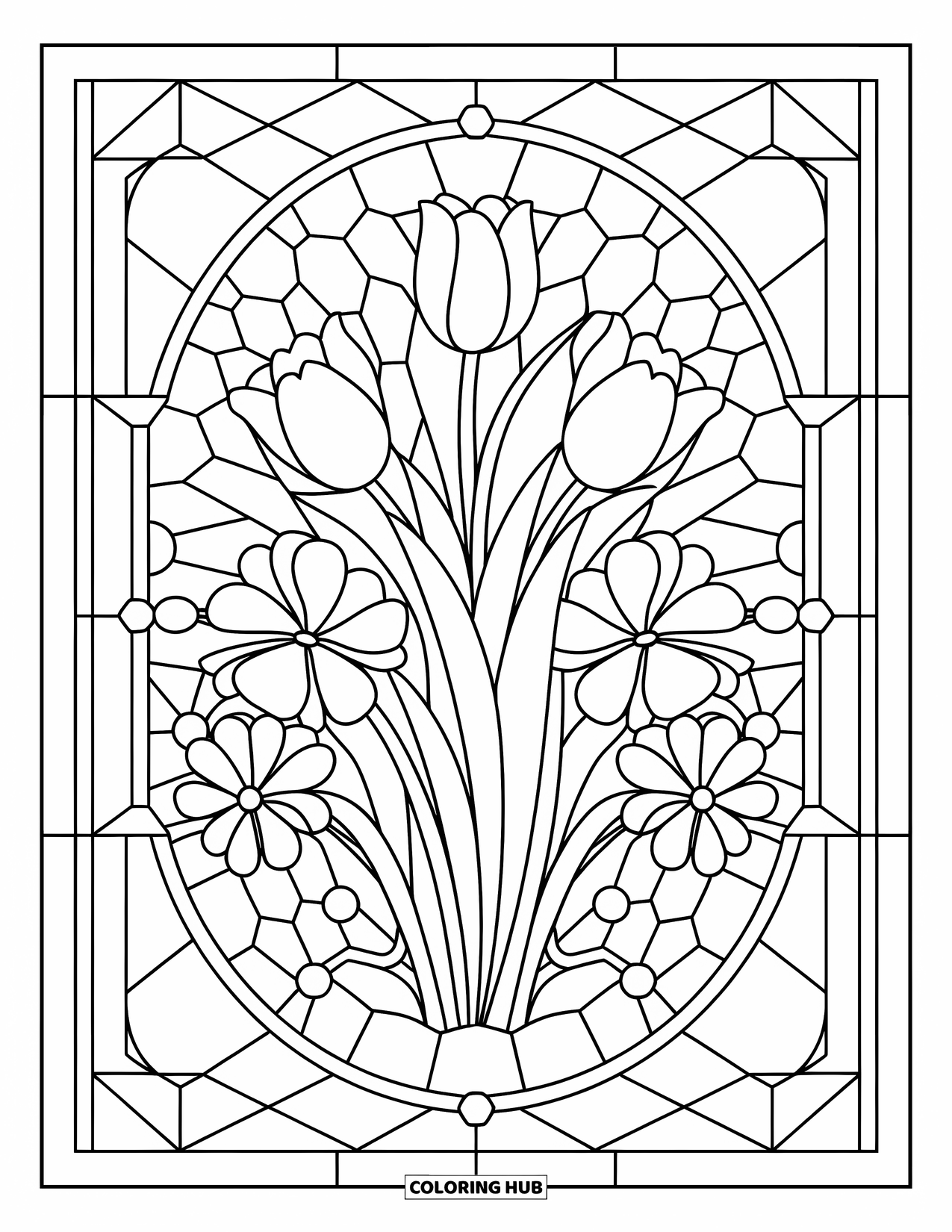 Spring Mandala Coloring Page for Adults: Tulips and daisies sit inside a bold stained-glass pattern of triangles and circles