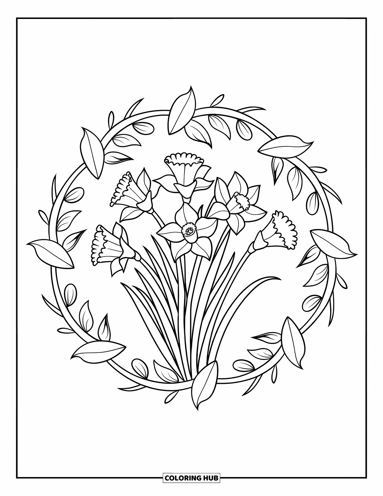 Spring Mandala Coloring Page for Kids: A bouquet of daffodils sits inside a leafy spring mandala