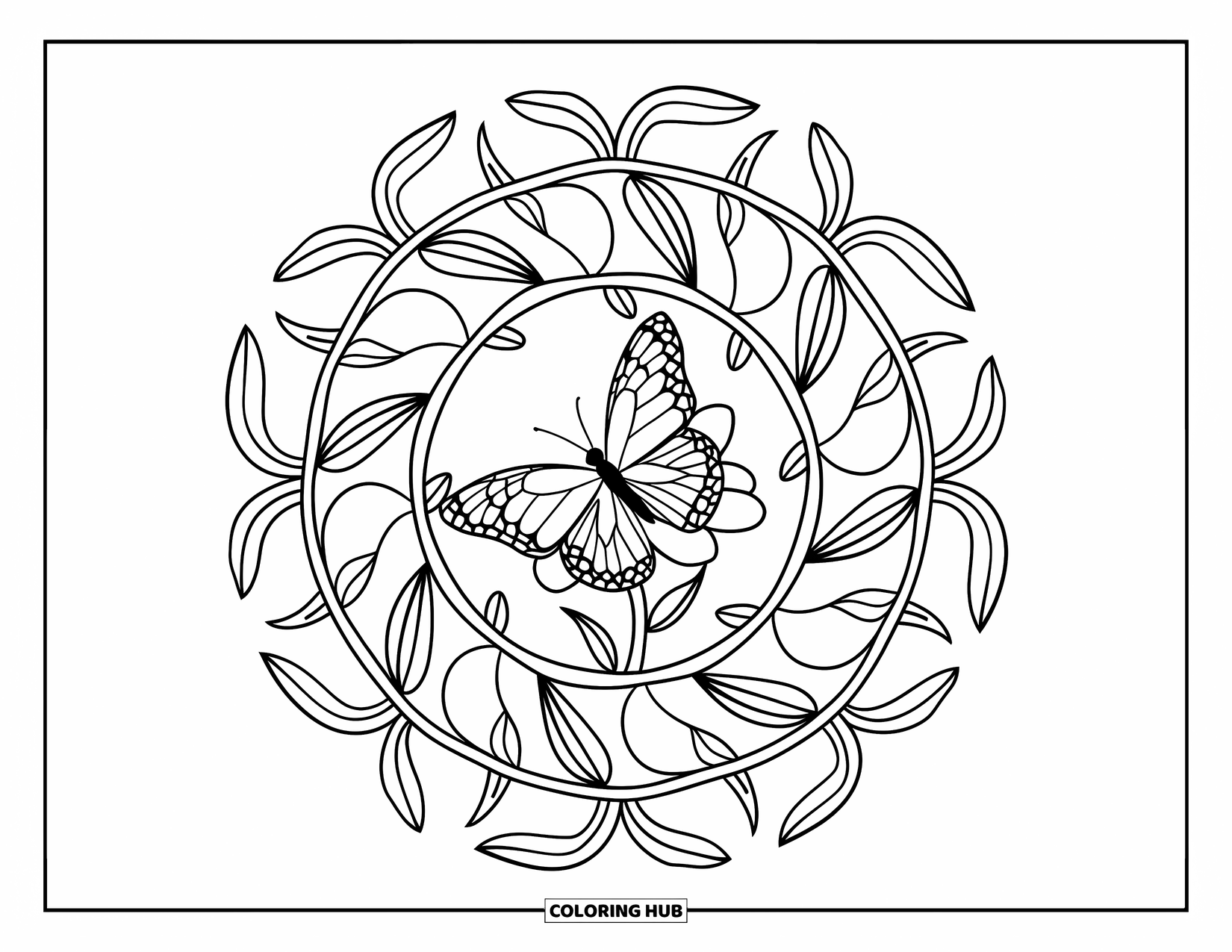 Spring Mandala Coloring Page for Kids: A butterfly rests in a vine-filled mandala with a flower at the center