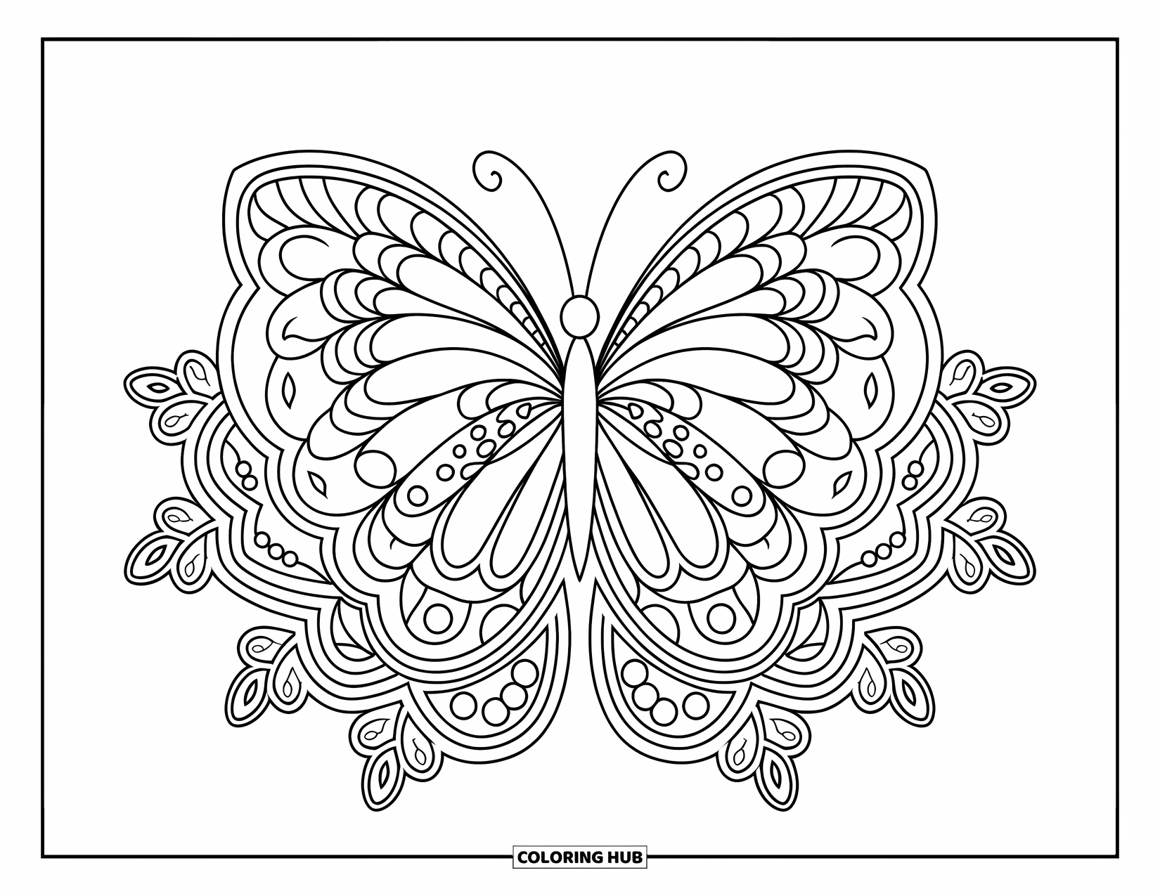 Spring Mandala Coloring Page for Kids: A butterfly with detailed wings blends into a mandala of spring vines and petals