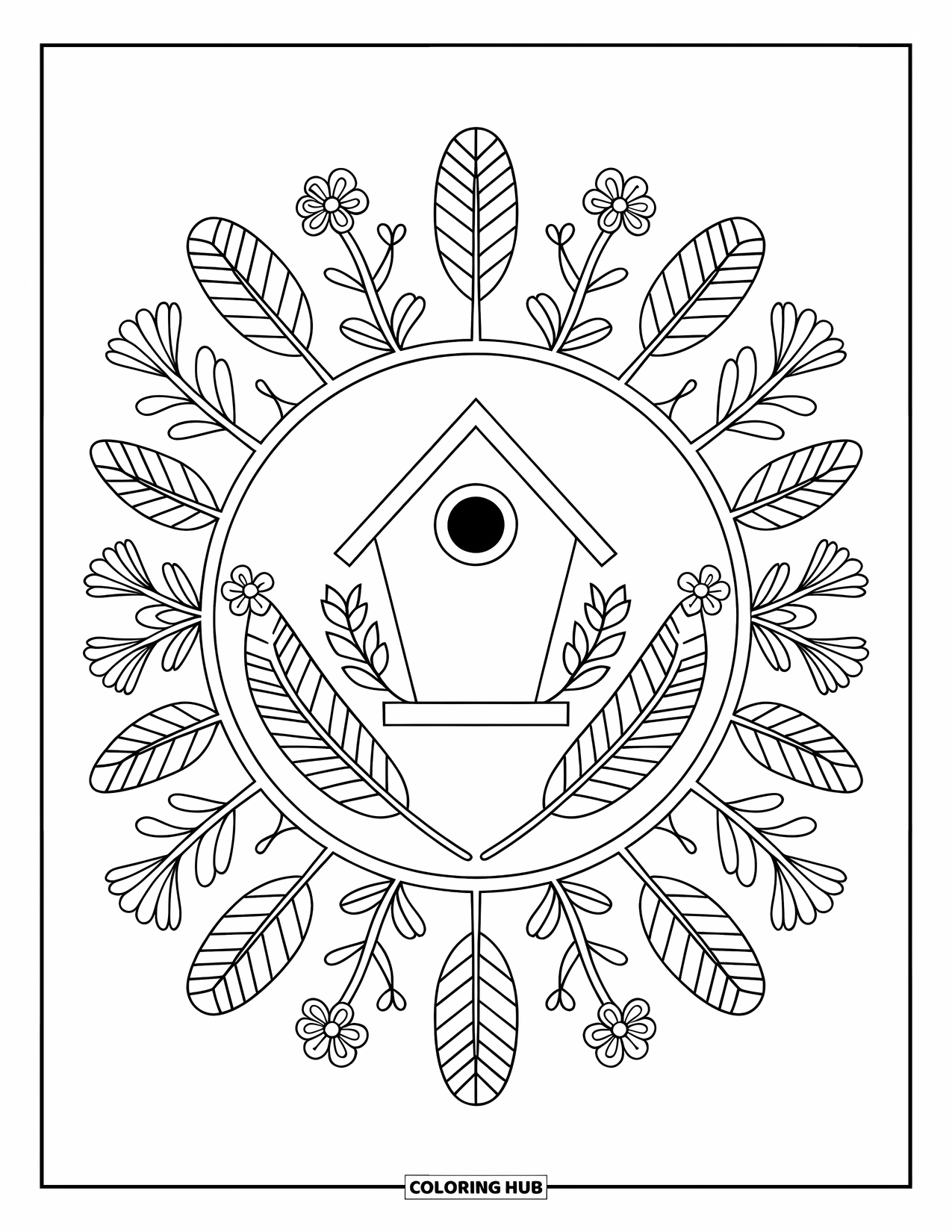 Spring Mandala Coloring Page for Kids: A cute birdhouse rests in a layered mandala of spring flowers and feathers