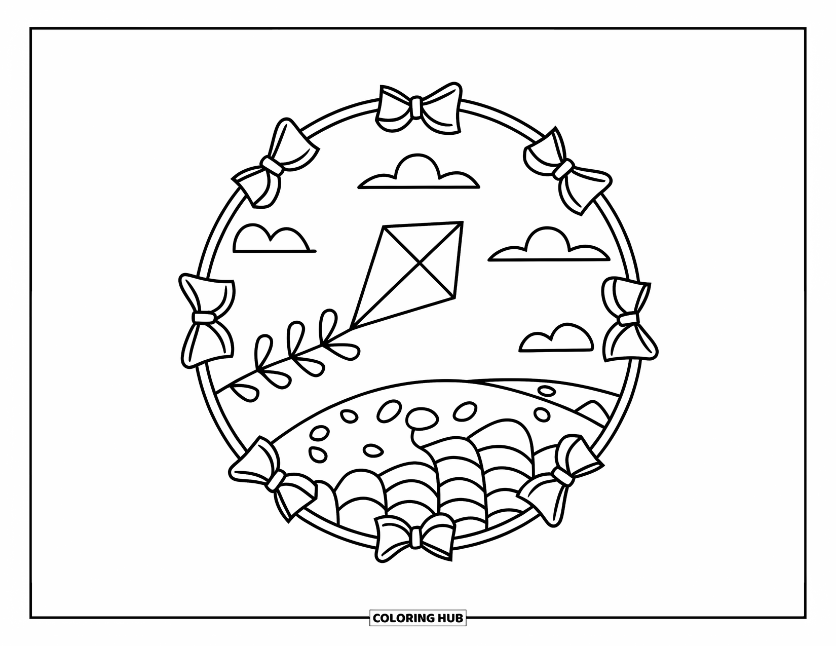 Spring Mandala Coloring Page for Kids: A kite flies high in a swirling mandala of clouds and soft shapes