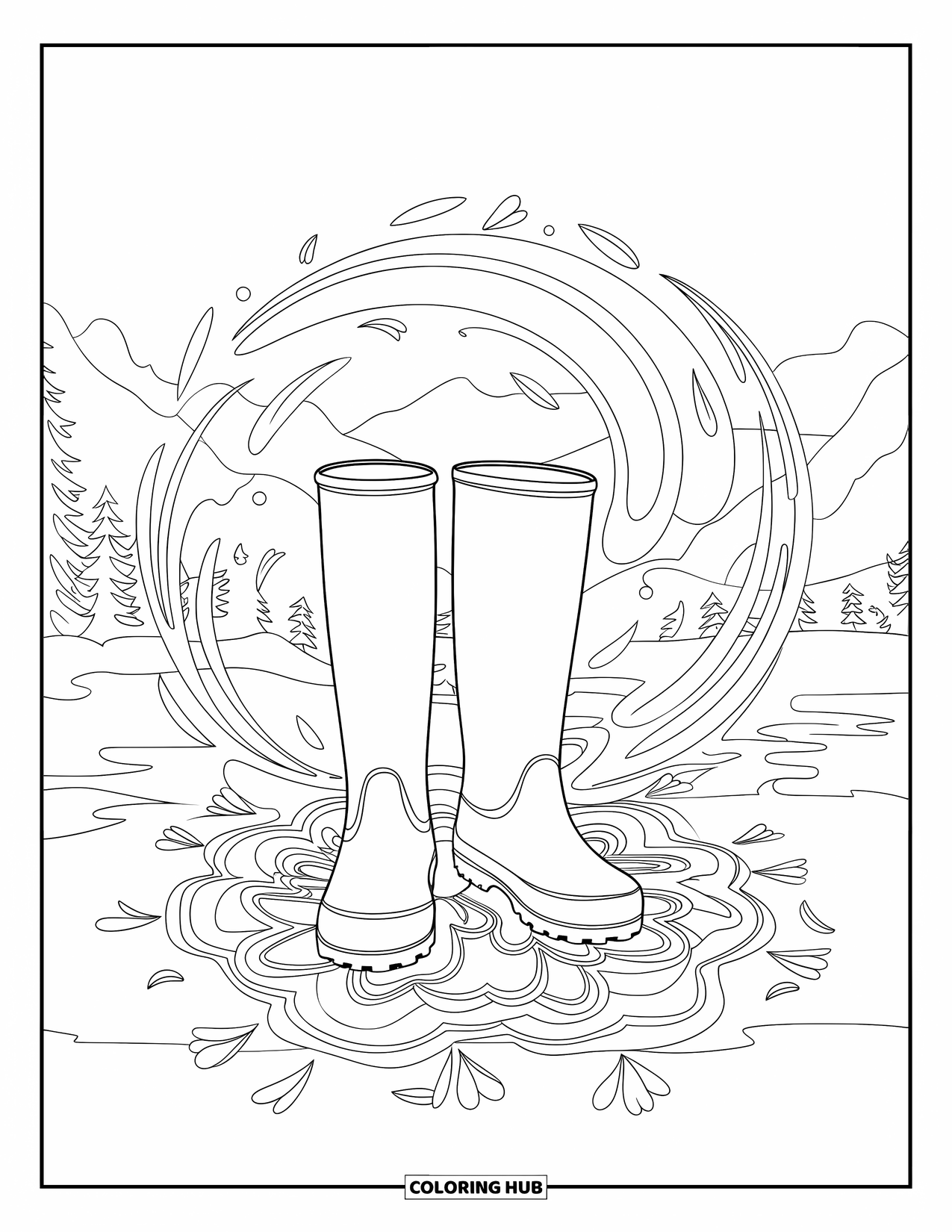 Spring Mandala Coloring Page for Kids: A pair of boots stands in muddy water with petals swirling around
