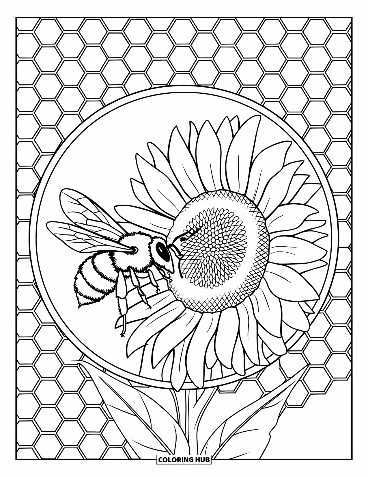 Spring Mandala Coloring Page for Kids: Bee buzzes near sunflower framed by a honeycomb-style mandala