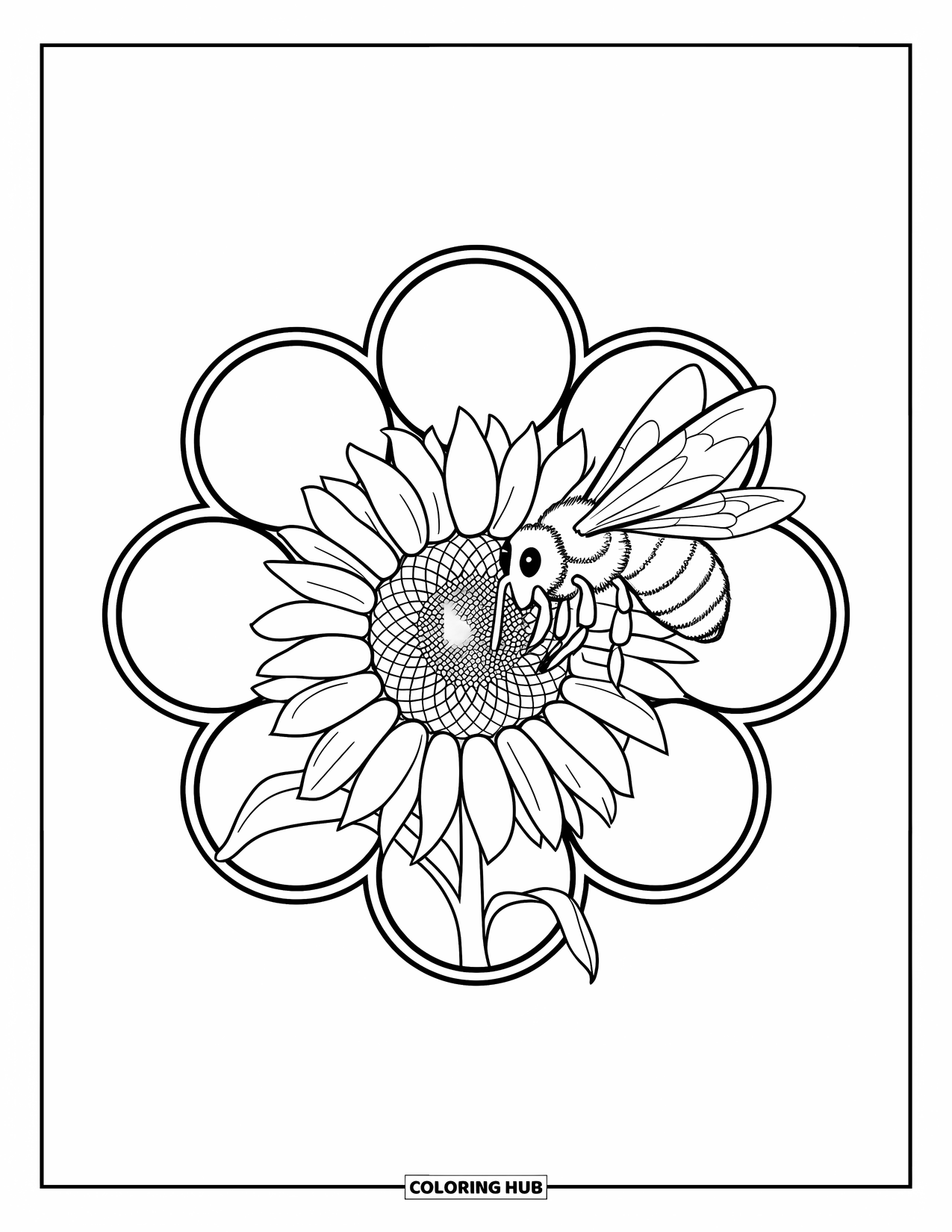 Spring Mandala Coloring Page for Kids: Bee hovers near a sunflower in a honeycomb mandala frame