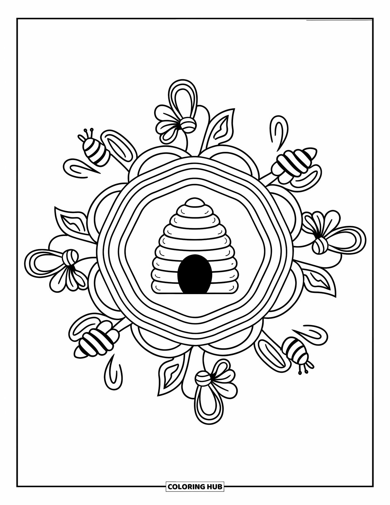 Spring Mandala Coloring Page for Kids: Beehive is surrounded by buzzing bees and petal patterns in a spring mandala