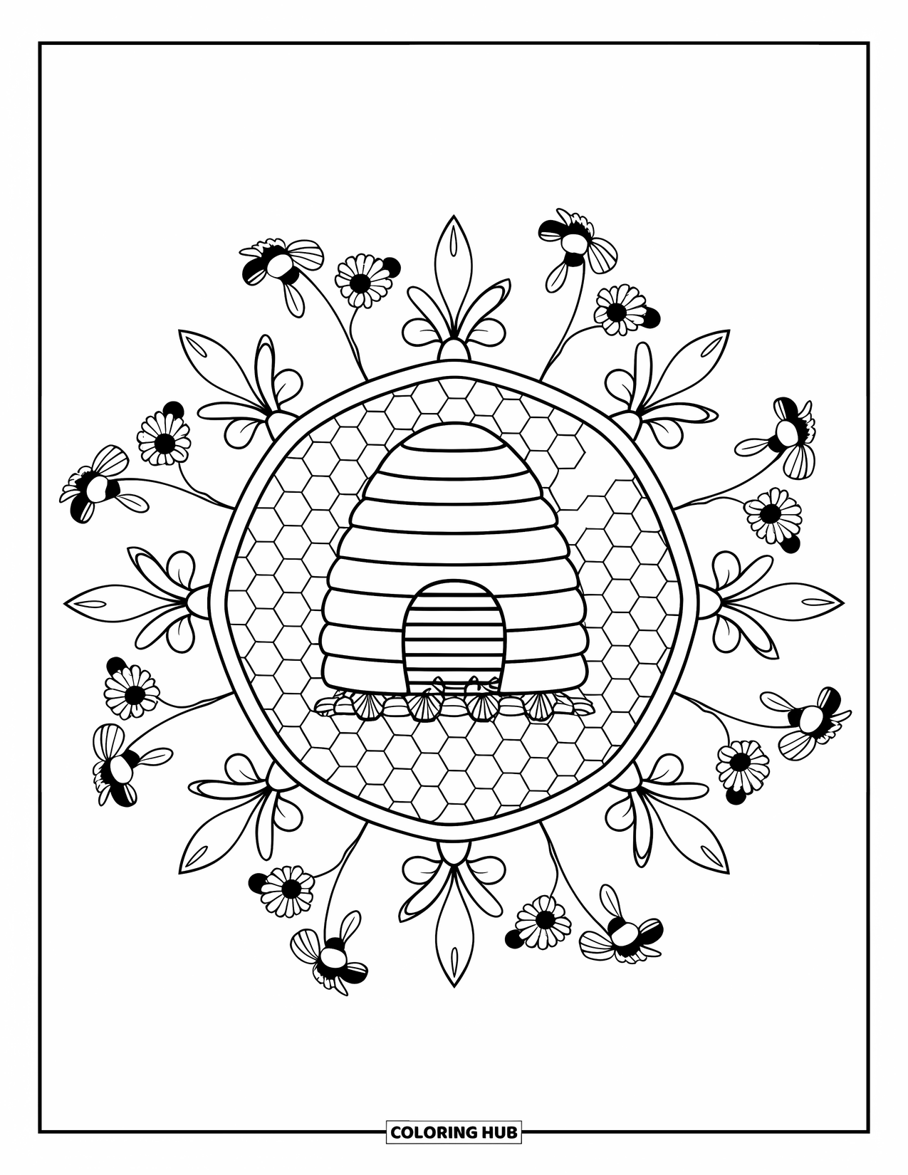 Spring Mandala Coloring Page for Kids: Bees fly around a beehive inside a honeycomb-style floral mandala