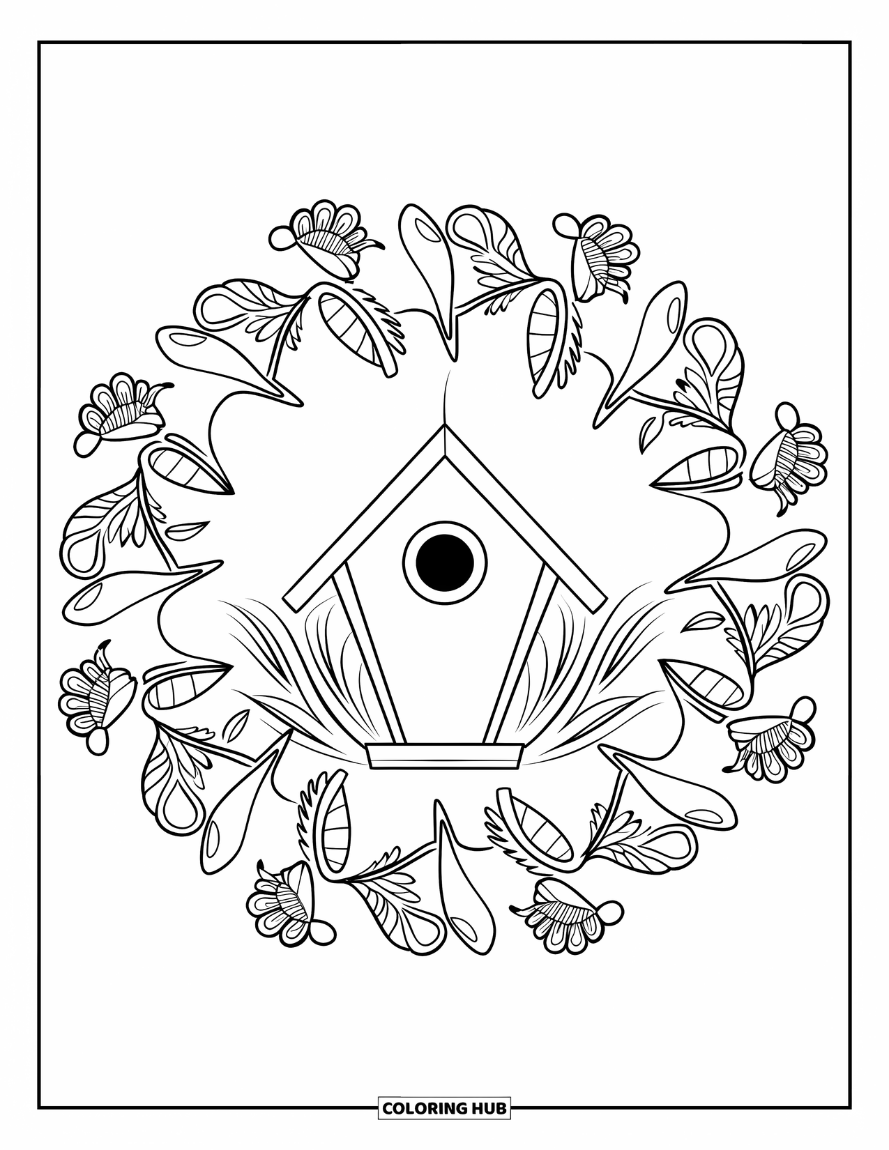 Spring Mandala Coloring Page for Kids: Birdhouse is framed by flowers and feathers in a spring-themed mandala
