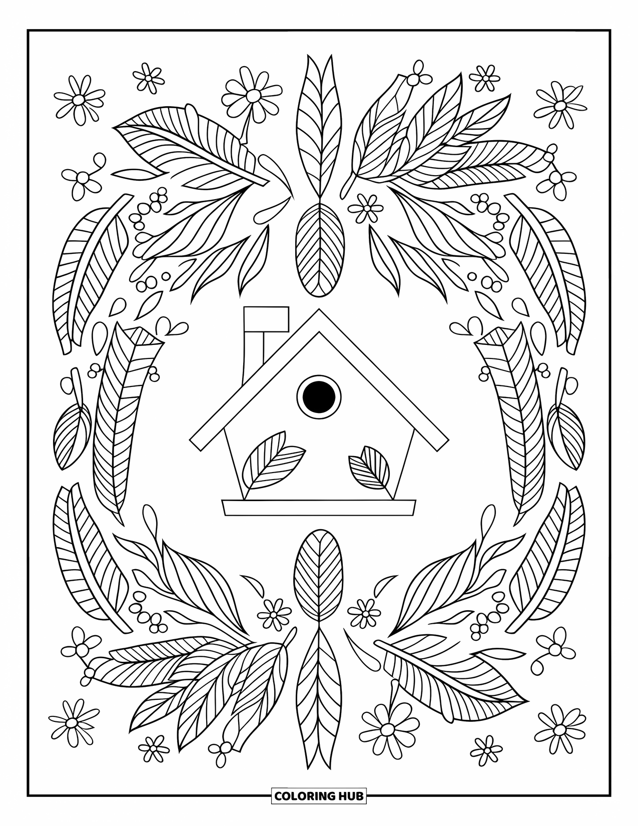 Spring Mandala Coloring Page for Kids: Birdhouse sits in a mandala of feathers, branches, and blooming spring flowers