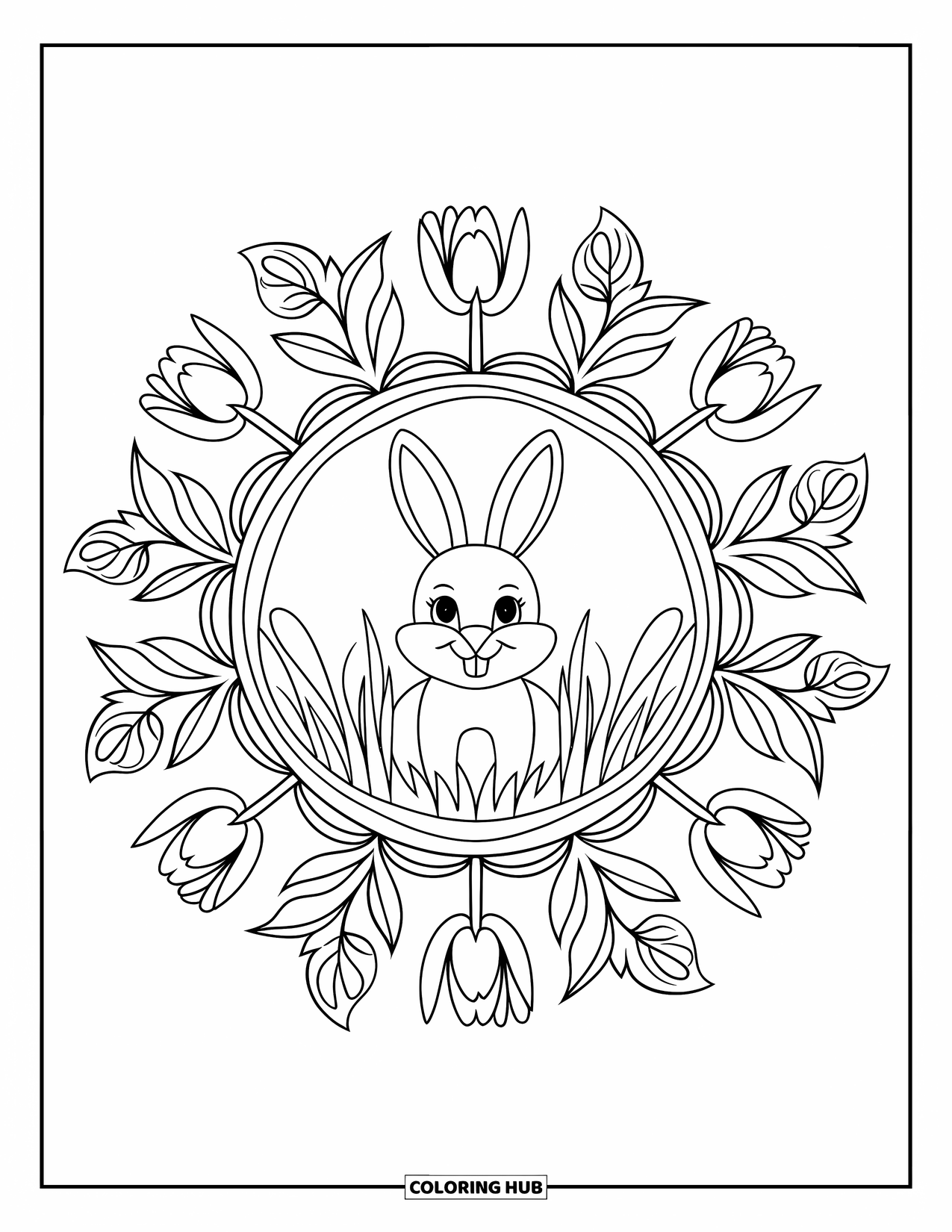 Spring Mandala Coloring Page for Kids: Bunny sits in grass surrounded by tulips, carrots, and spring leaves