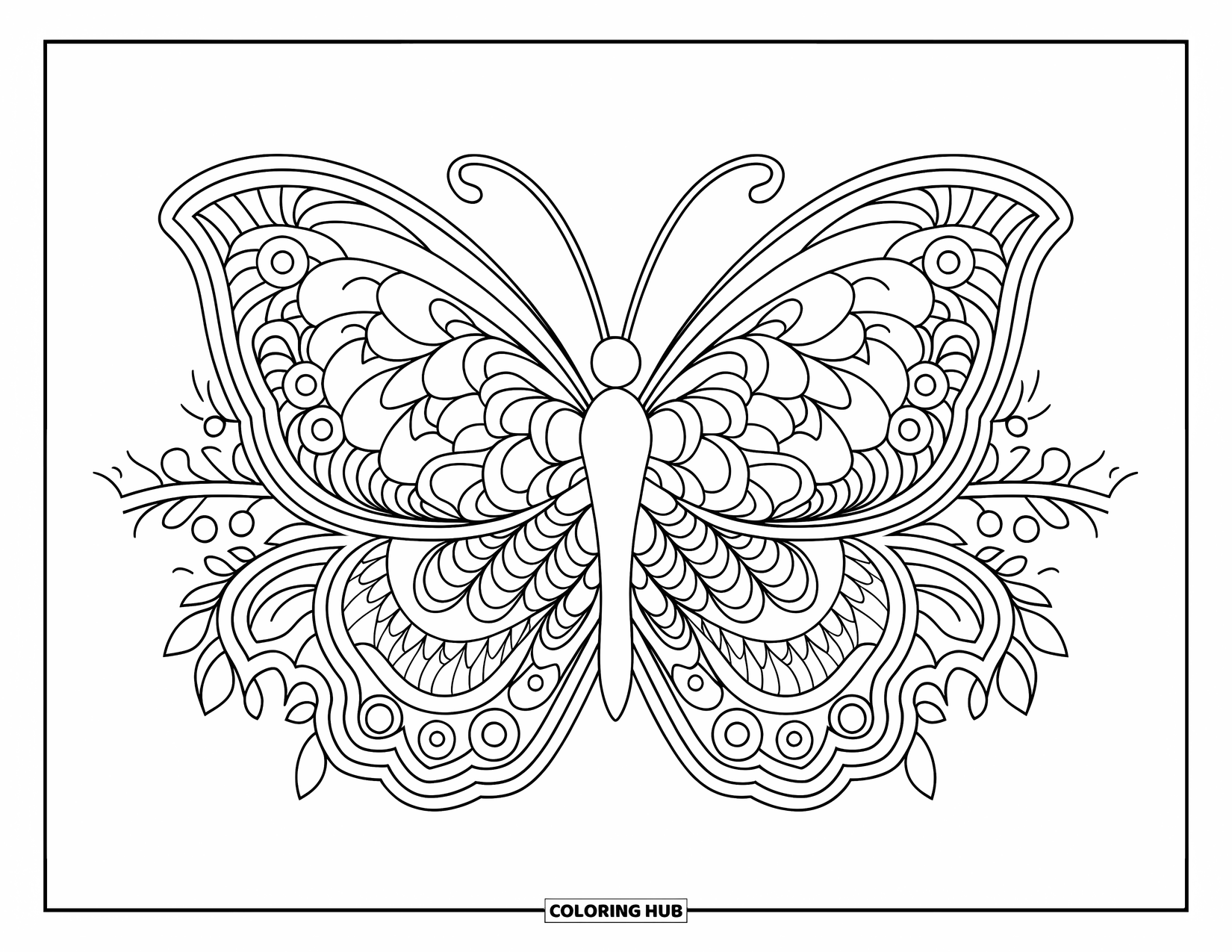 Spring Mandala Coloring Page for Kids: Butterfly in a floral mandala with layered vines and clean, bold outlines