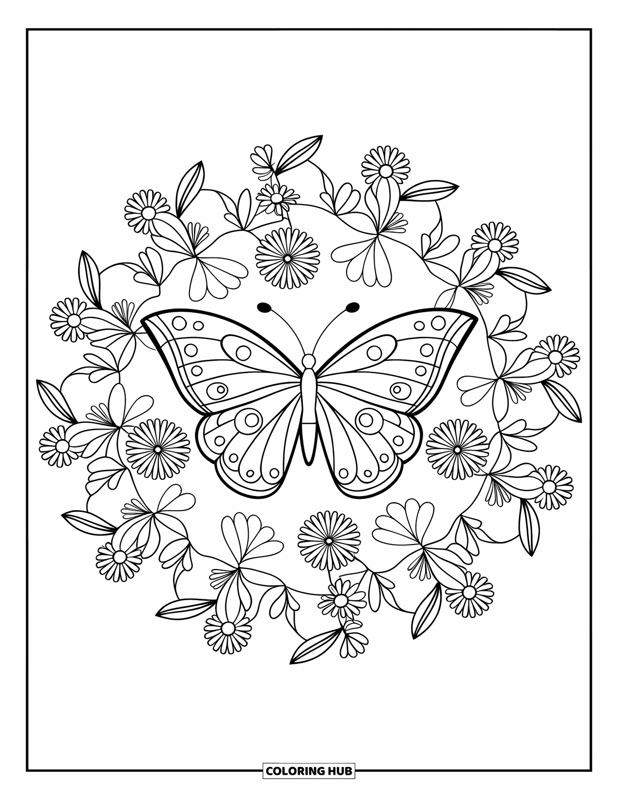 Spring Mandala Coloring Page for Kids: Butterfly is centered in a floral mandala filled with spring leaves and vines