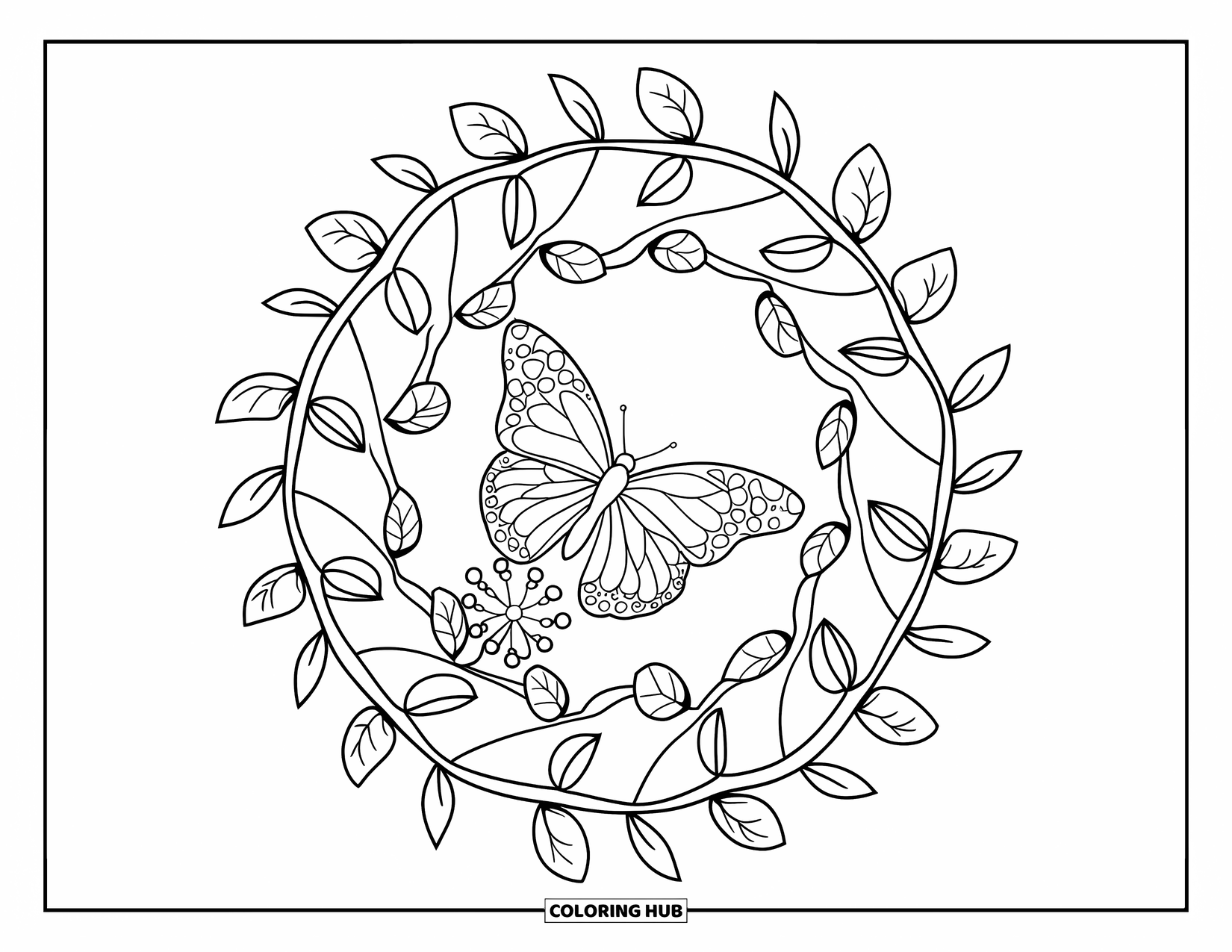 Spring Mandala Coloring Page for Kids: Butterfly lands on a flower in the center of a leafy spring mandala