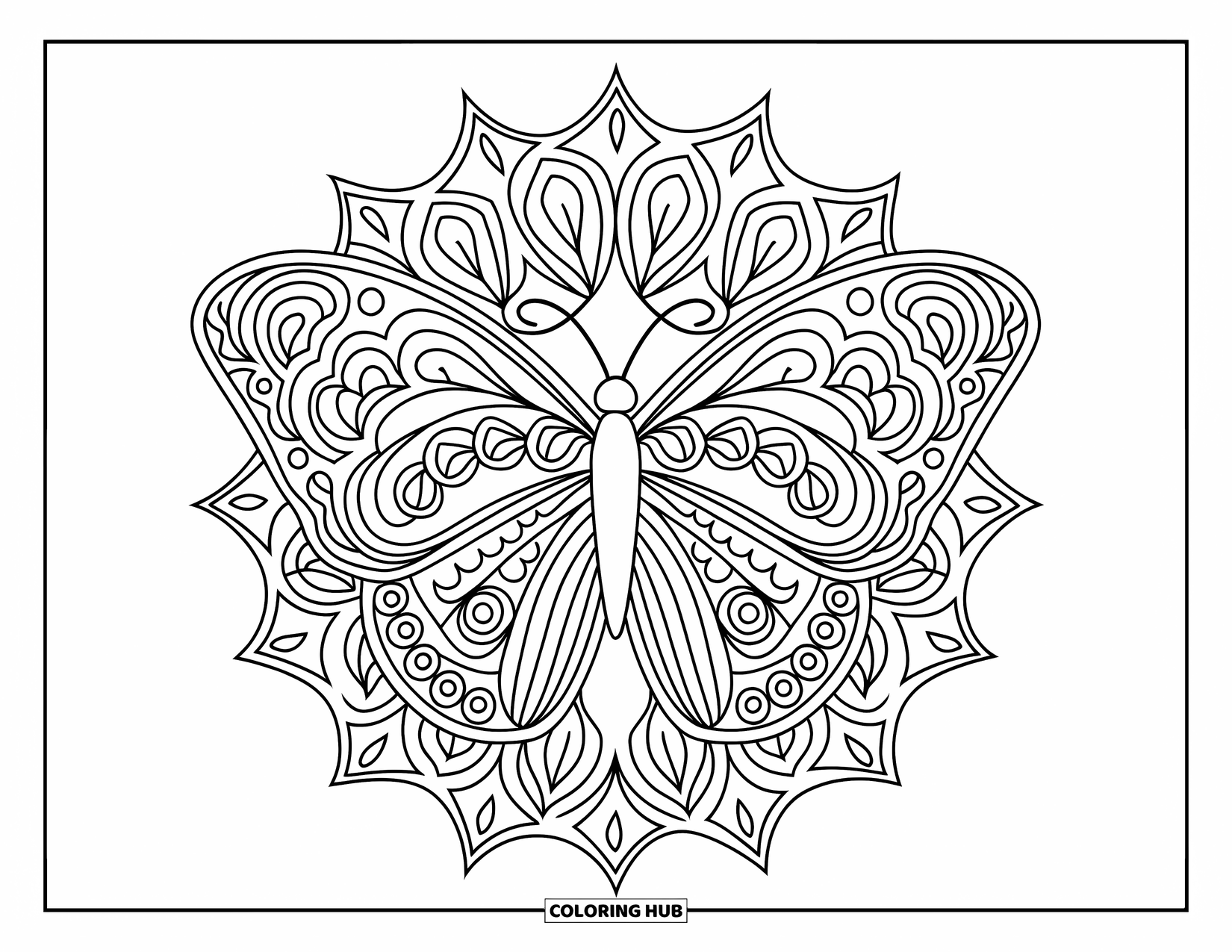 Spring Mandala Coloring Page for Kids: Butterfly rests in a spring mandala filled with vines and blooming flowers