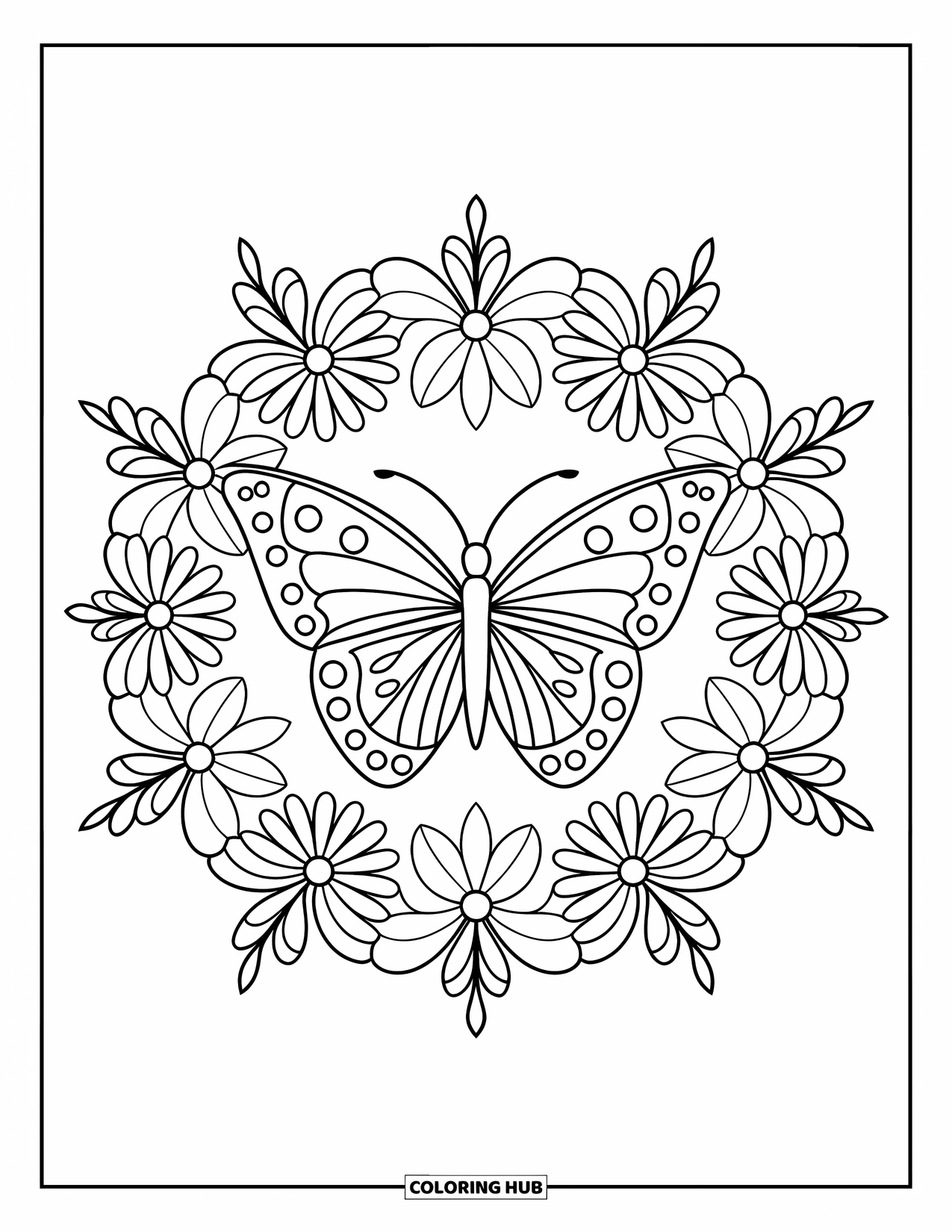 Spring Mandala Coloring Page for Kids: Butterfly sits in the center of a spring mandala with leaves and flowers