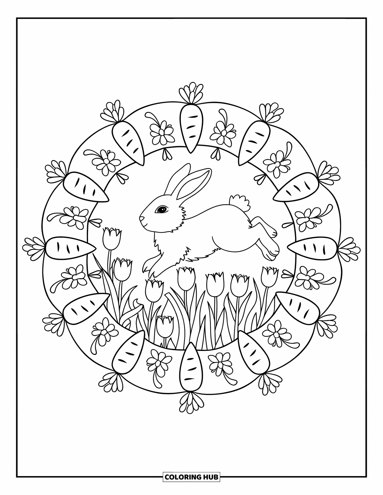 Spring Mandala Coloring Page for Kids: Carrots and flowers circle around a bunny hopping through spring tulips