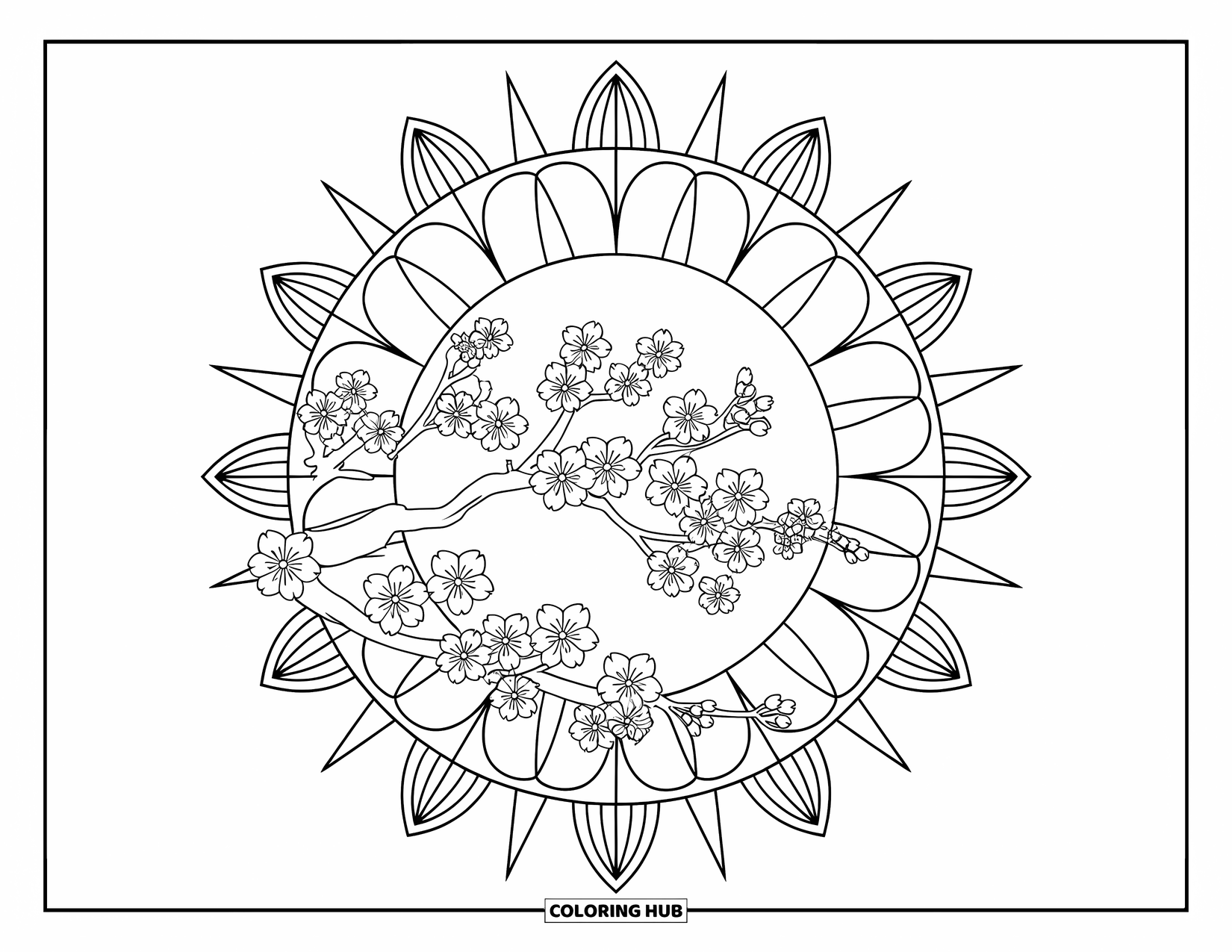 Spring Mandala Coloring Page for Kids: Cherry blossom branch blooms inside a mandala filled with flowers and sunshine