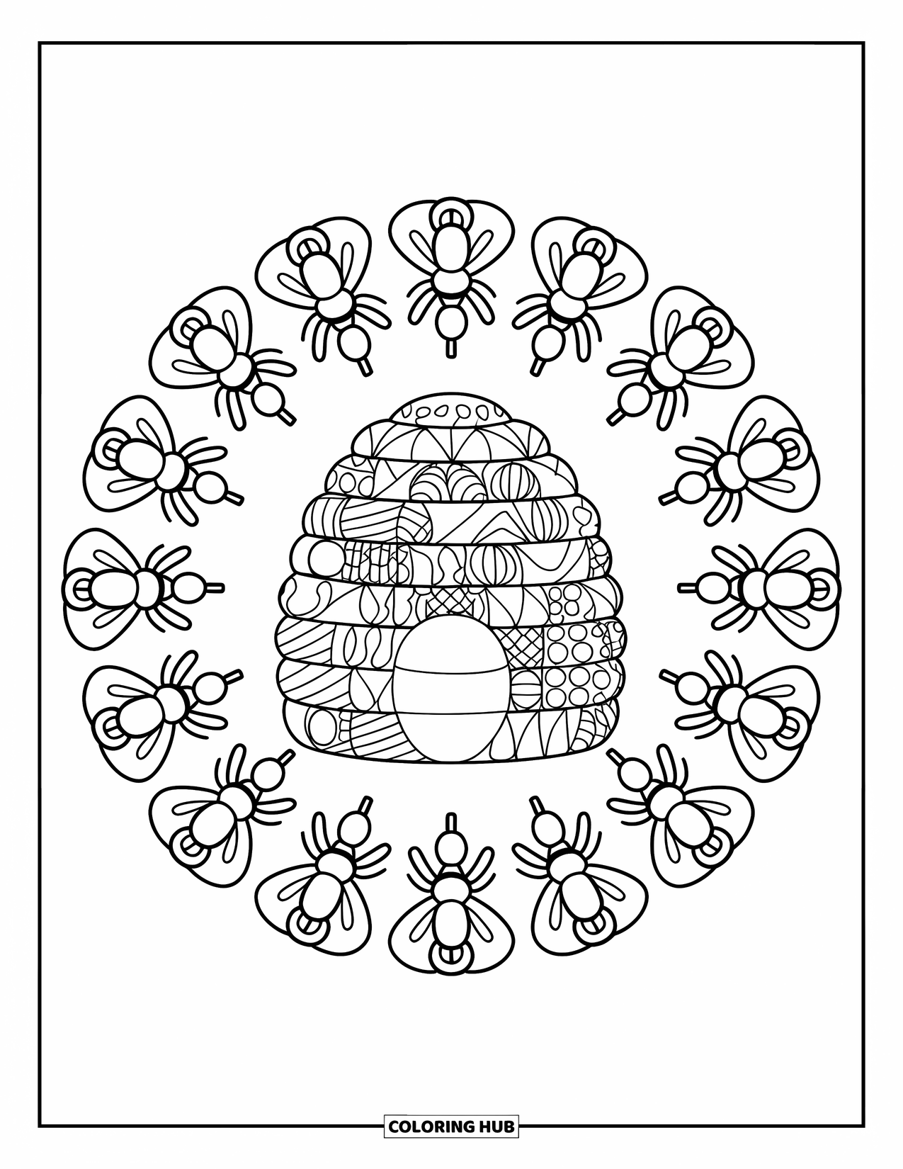 Spring Mandala Coloring Page for Kids: Detailed hive is framed by swirling bees and flowers in a spring mandala