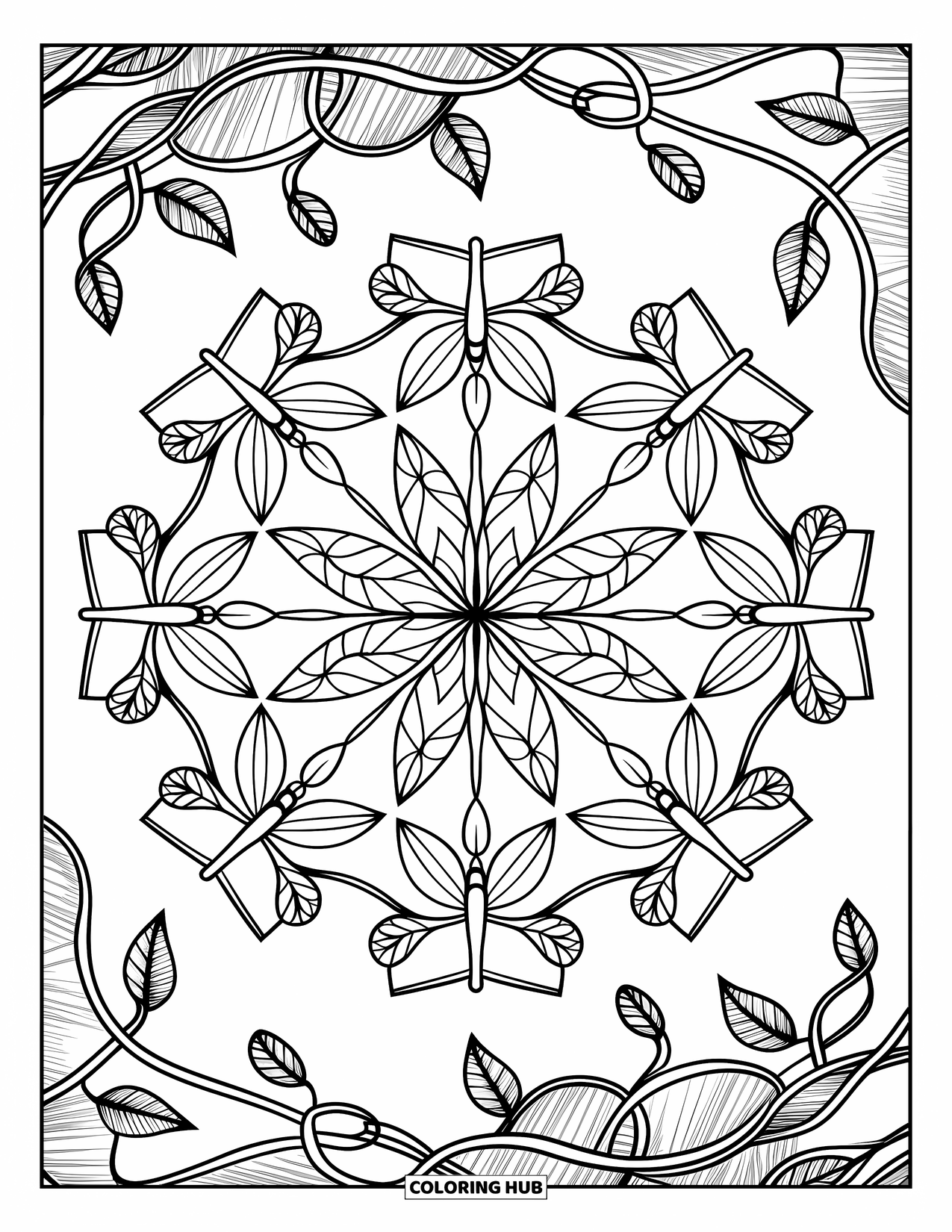 Spring Mandala Coloring Page for Kids: Dragonflies and vines form a symmetrical mandala with no white space
