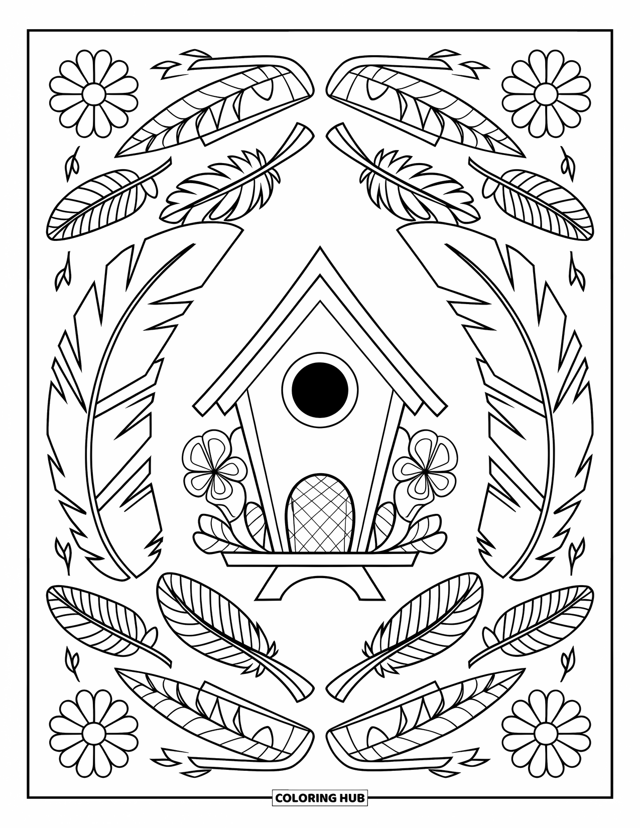 Spring Mandala Coloring Page for Kids: Feathers and branches surround a central birdhouse in a spring mandala