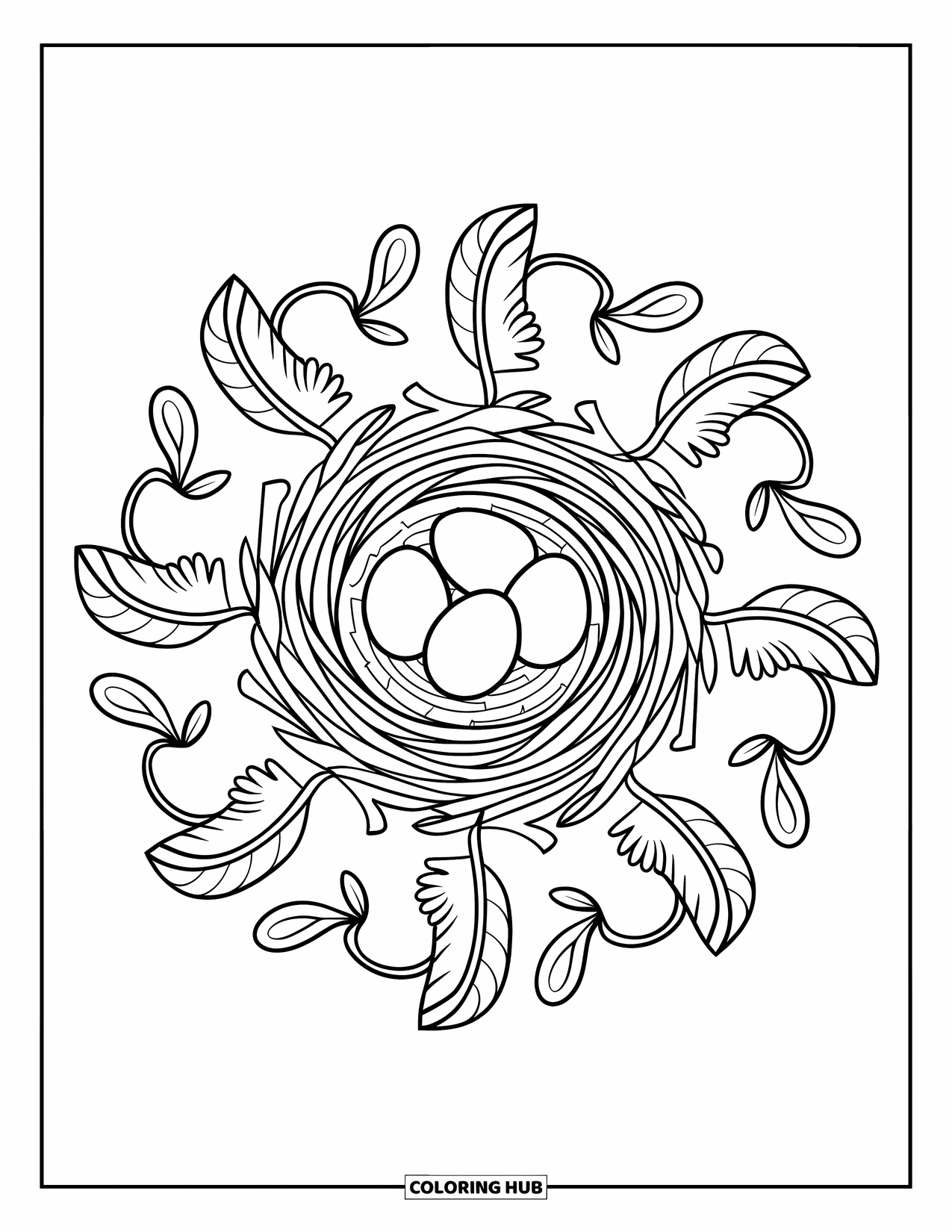 Spring Mandala Coloring Page for Kids: Feathers and vines swirl around a nest of eggs in a spring mandala
