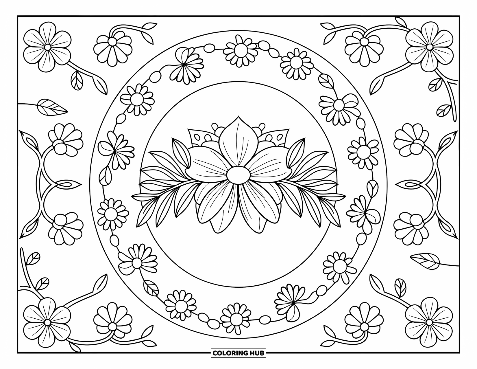 Spring Mandala Coloring Page for Kids: Floral mandala with a central flower crown and scattered spring vines