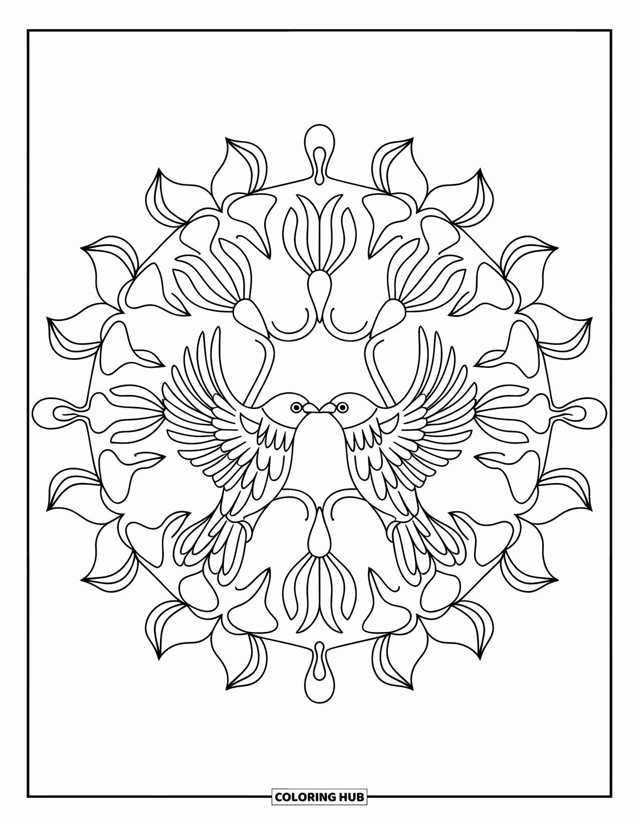 Spring Mandala Coloring Page for Kids: Flying birds are centered in a floral mandala with stems and leaves