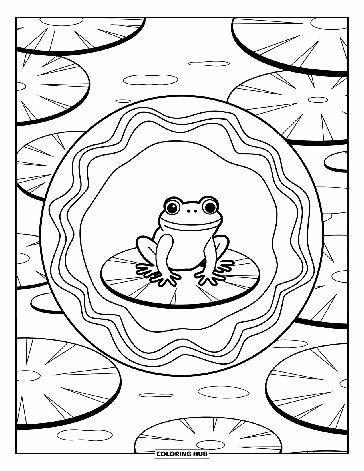 Spring Mandala Coloring Page for Kids: Frog rests in a spring ripple mandala surrounded by lily pads and circles