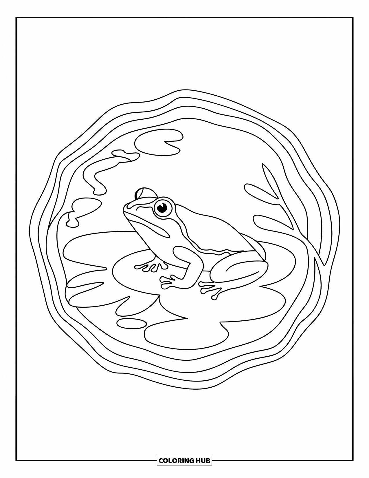 Spring Mandala Coloring Page for Kids: Frog sits on lily pad in the middle of a ripple mandala