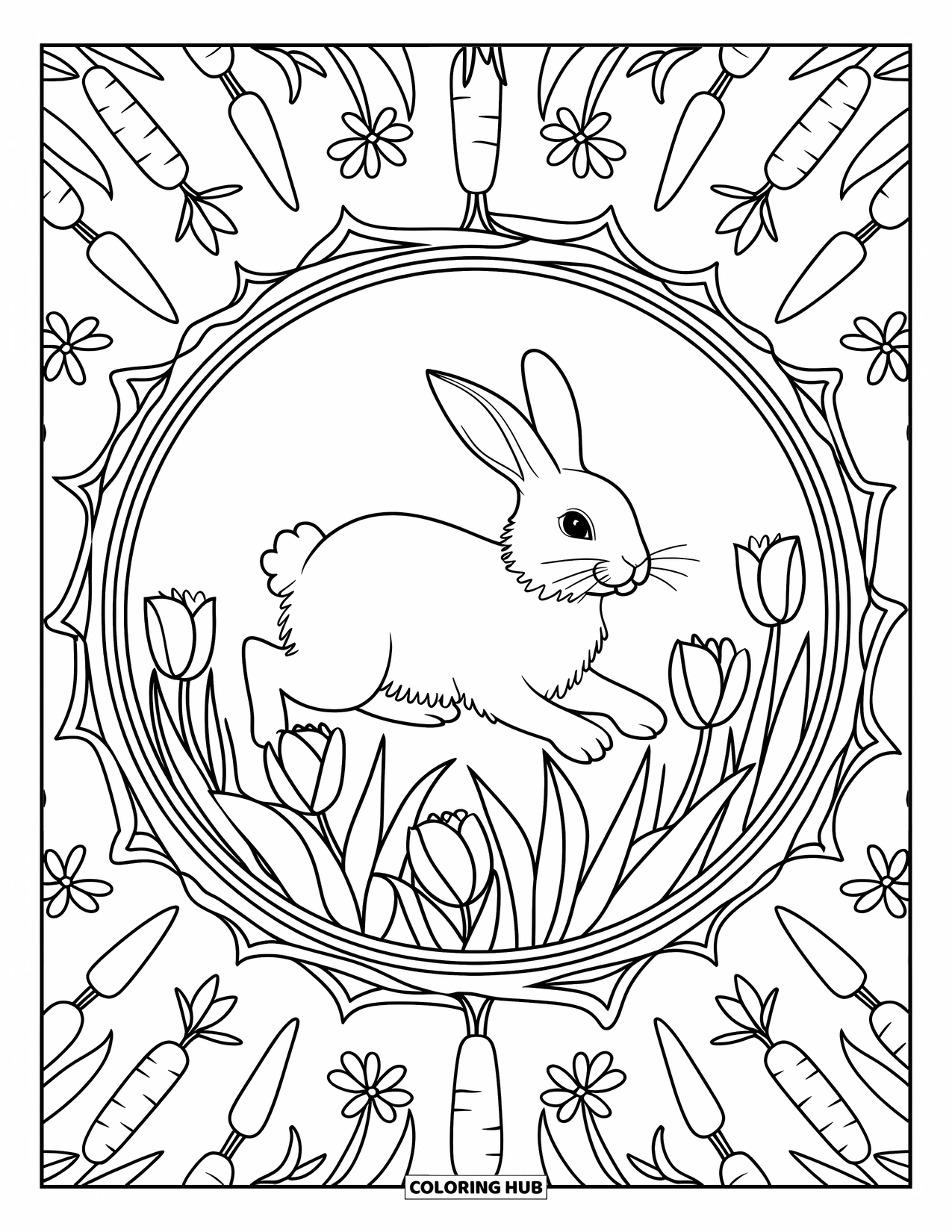 Spring Mandala Coloring Page for Kids: Hopping bunny is framed by a playful mandala of carrots and tulips