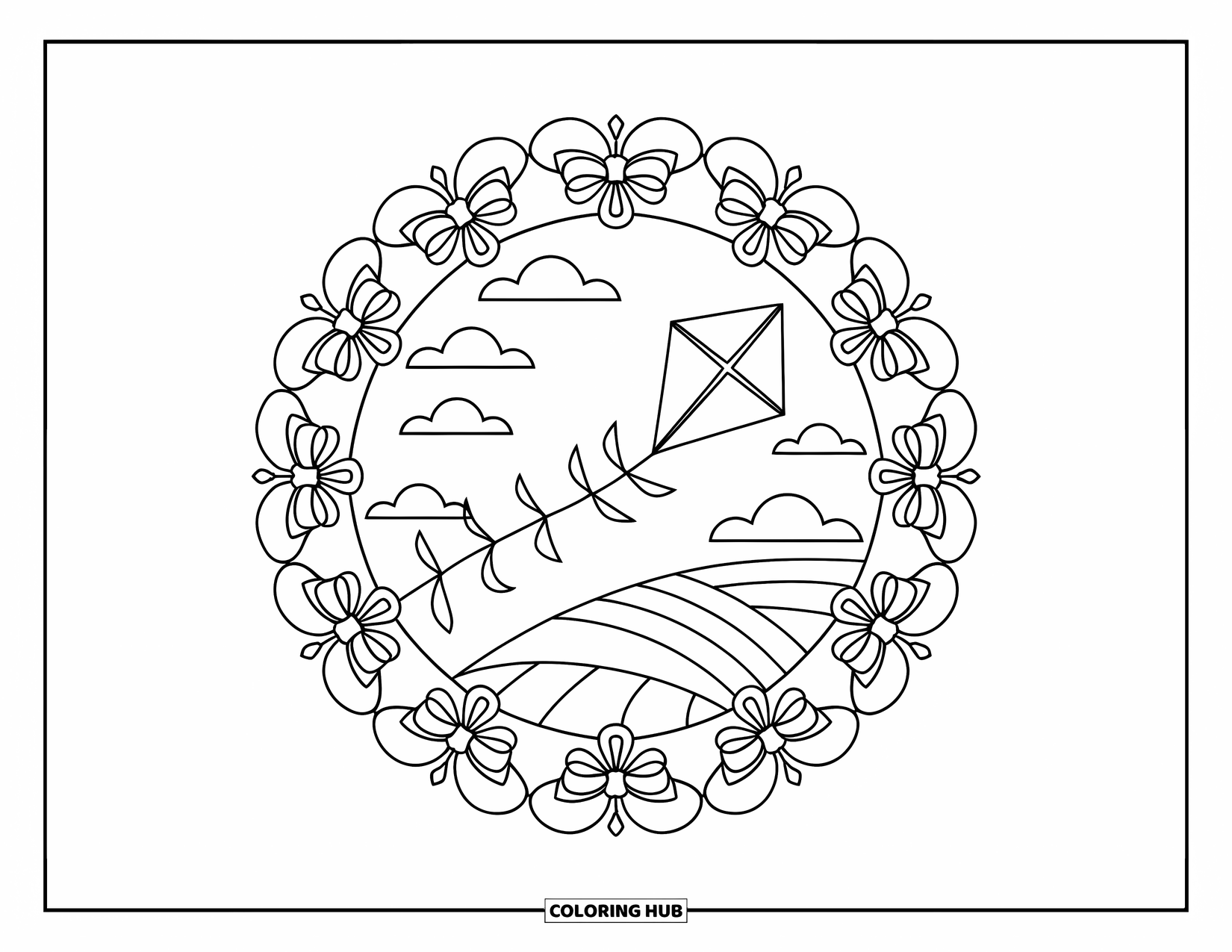 Spring Mandala Coloring Page for Kids: Kite soars in the sky surrounded by swirls, bows, and spring clouds