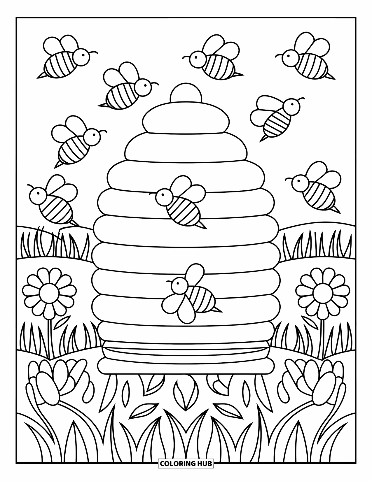 Spring Mandala Coloring Page for Kids: Mandala of flowers and bees circles around a detailed beehive center