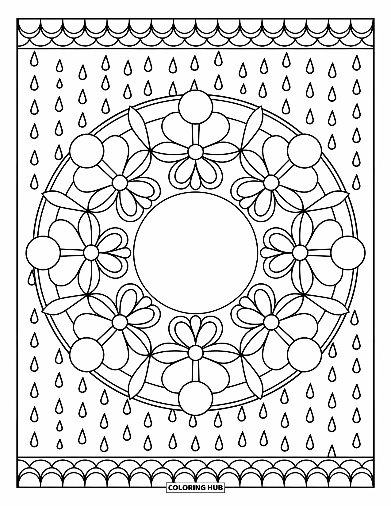 Spring Mandala Coloring Page for Kids: Mandala of flowers and raindrops surrounds boots filled with spring blooms