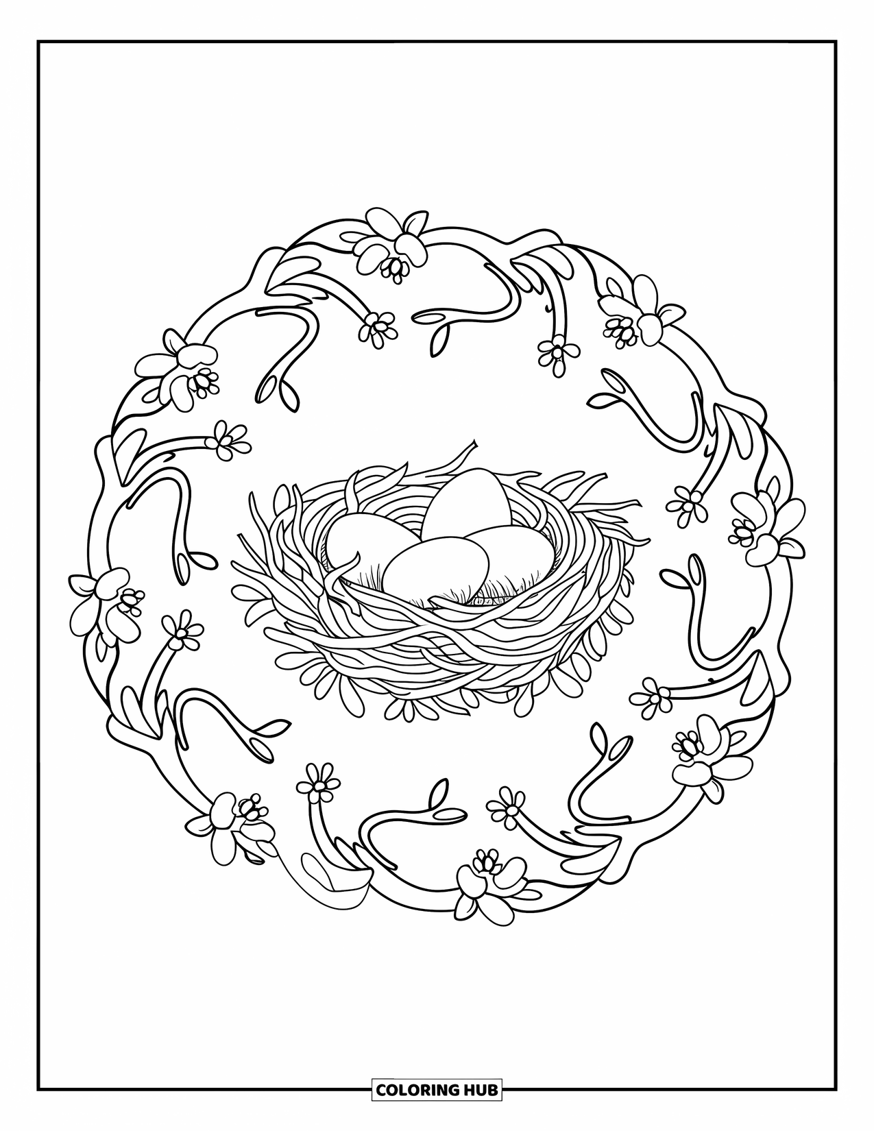 Spring Mandala Coloring Page for Kids: Nest of eggs sits in the center of a spring mandala with blossoms and vines