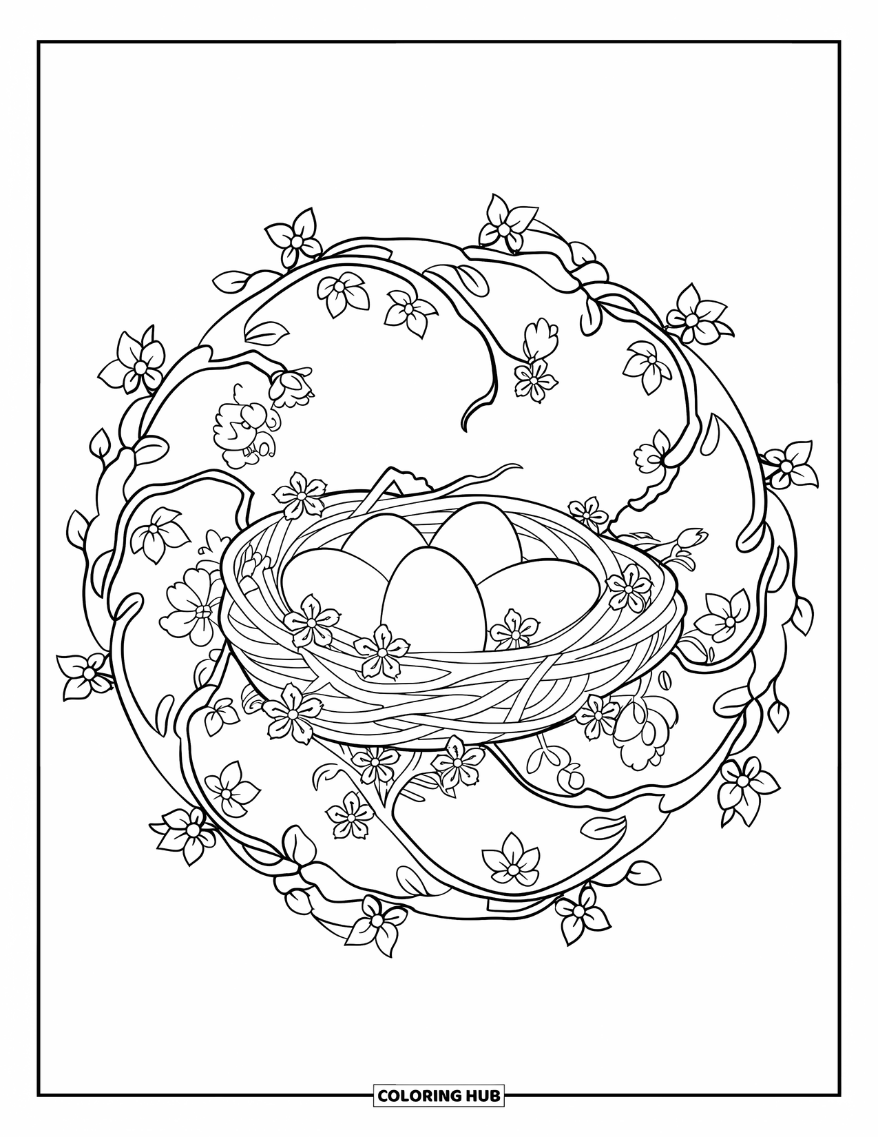 Spring Mandala Coloring Page for Kids: Nest with eggs sits inside a swirling vine and blossom spring mandala