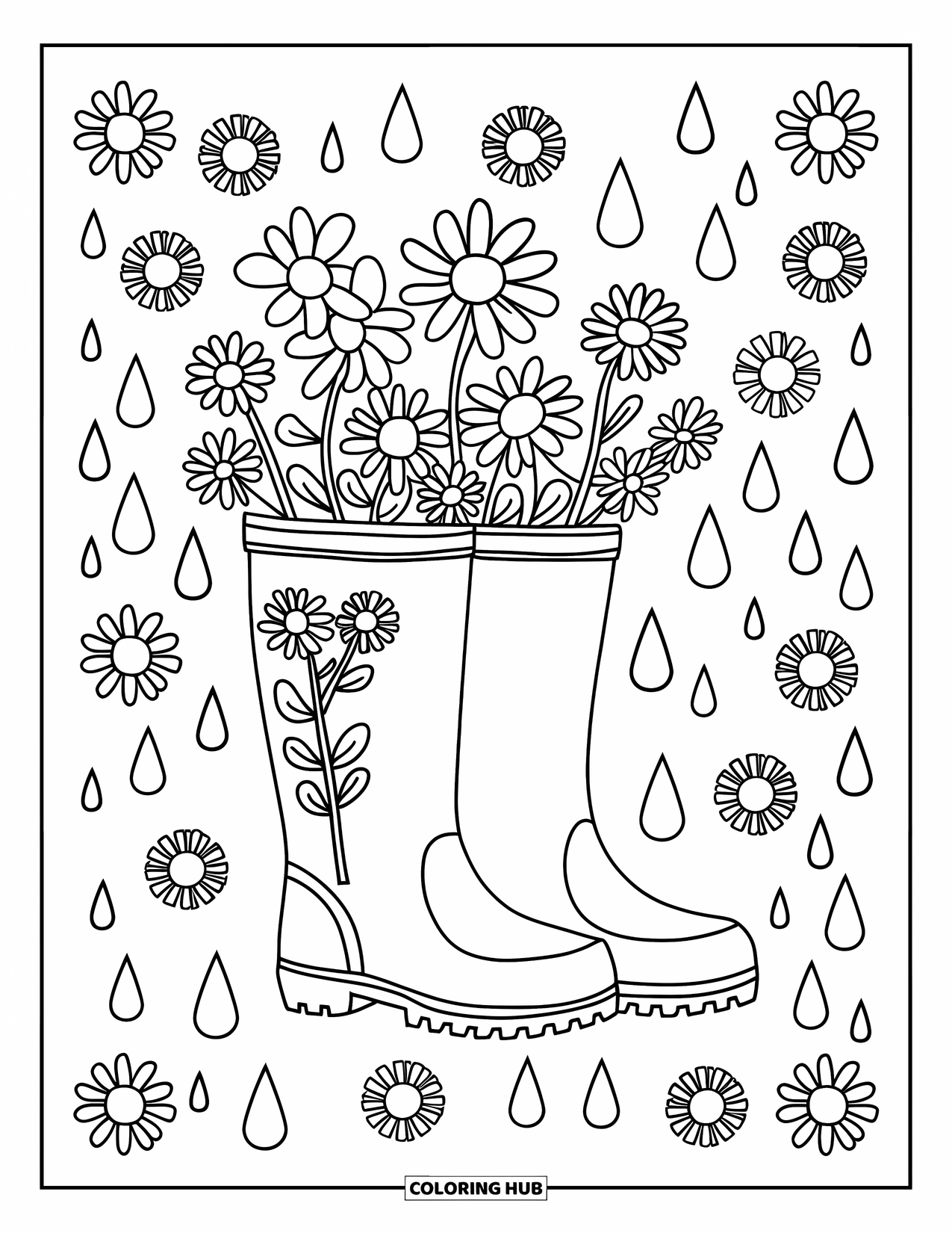 Spring Mandala Coloring Page for Kids: Rainboots filled with flowers sit inside a mandala of raindrops and petals