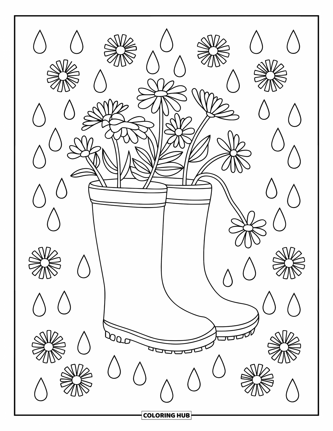 Spring Mandala Coloring Page for Kids: Rainboots with flowers stand inside a mandala of drops and blooming petals