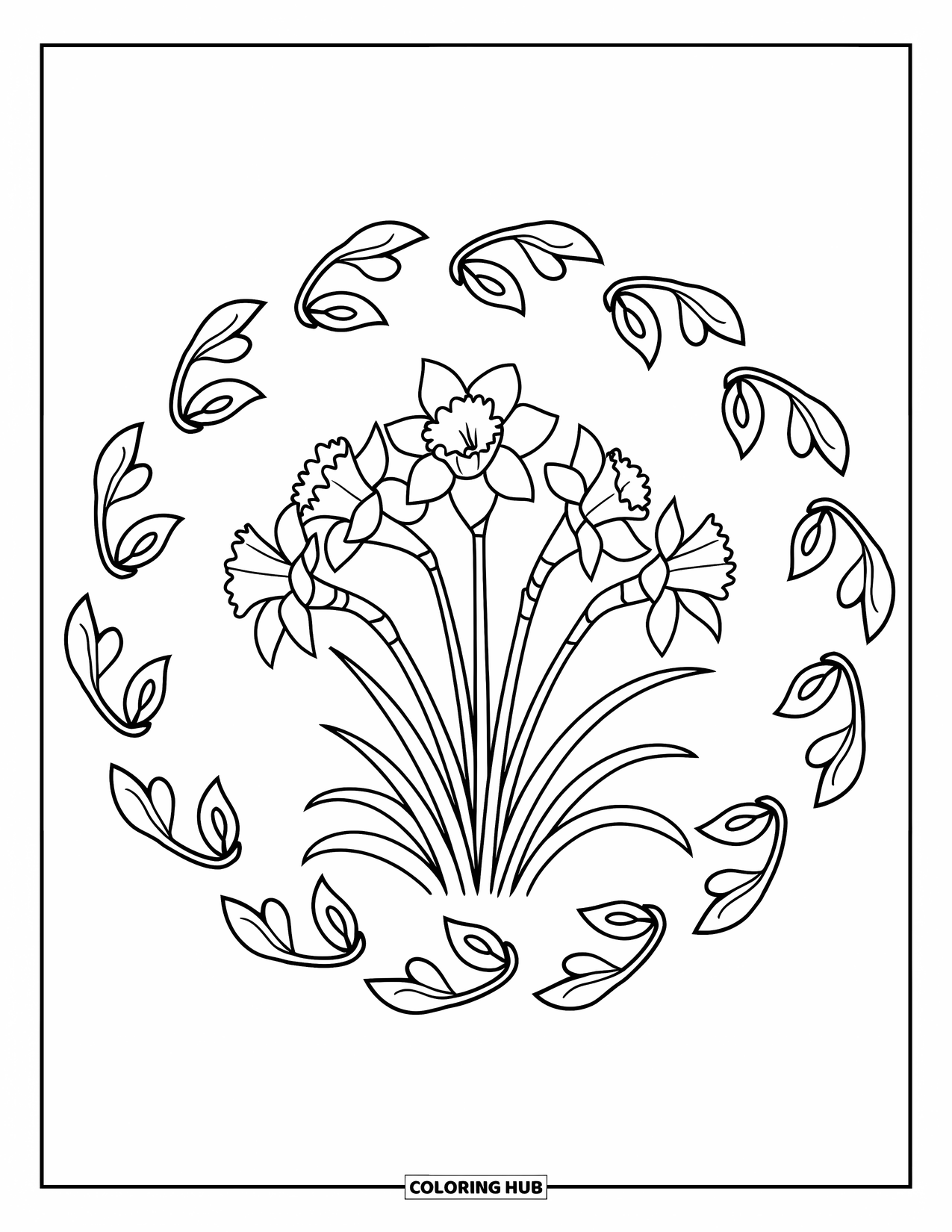 Spring Mandala Coloring Page for Kids: Spiraling vines surround daffodils in a soft spring floral mandala