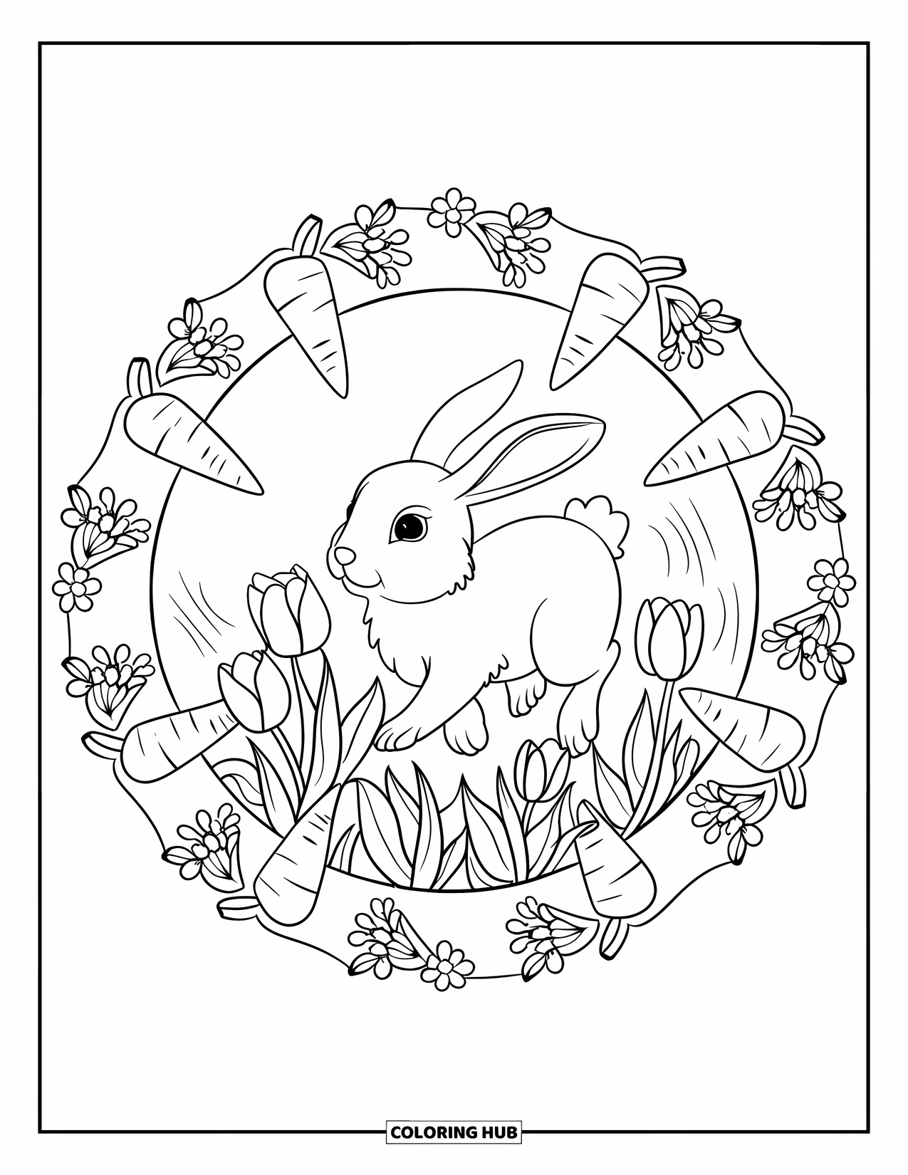Spring Mandala Coloring Page for Kids: Spring bunny leaps through tulips in a circular carrot-themed mandala