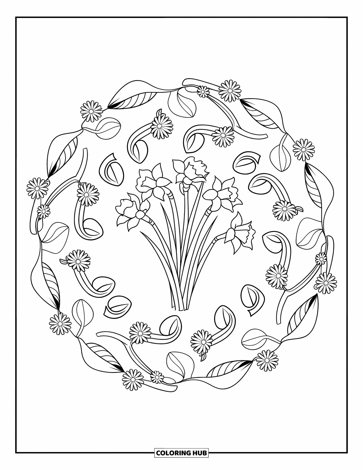 Spring Mandala Coloring Page for Kids: Spring daffodils bloom inside a swirling leaf and petal mandala