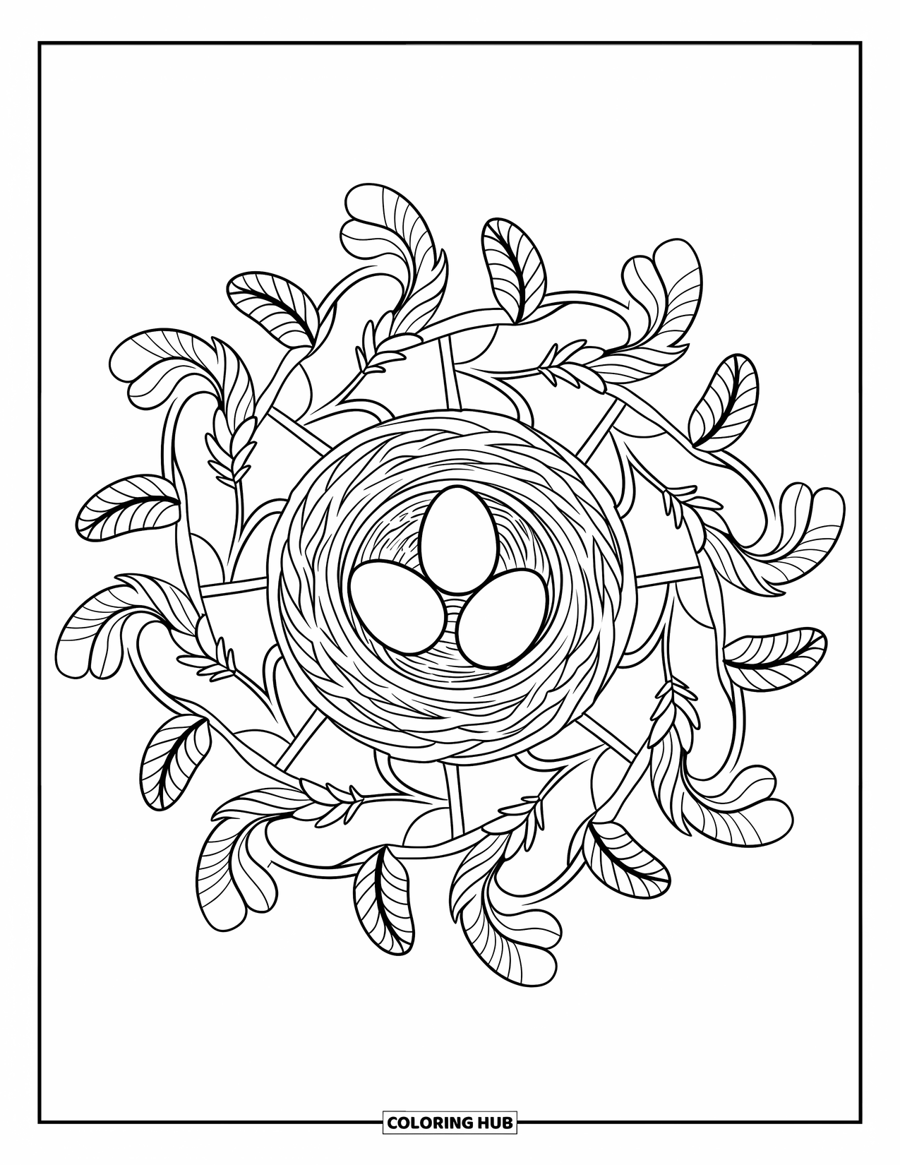 Spring Mandala Coloring Page for Kids: Spring nest rests in the middle of a soft mandala made of feathers and vines