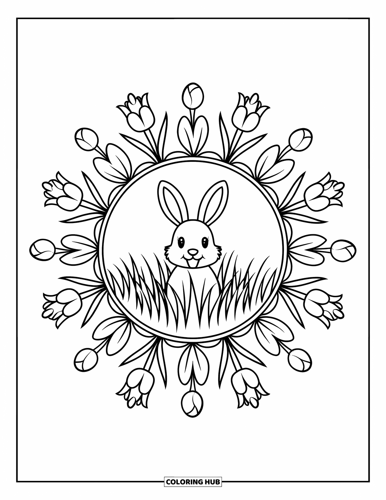Spring Mandala Coloring Page for Kids: Tulips, carrots, and leaves form a mandala around a bunny in grass