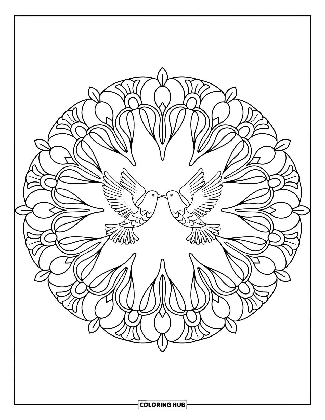 Spring Mandala Coloring Page for Kids: Two birds fly opposite ways inside a mandala of petals and leafy curls