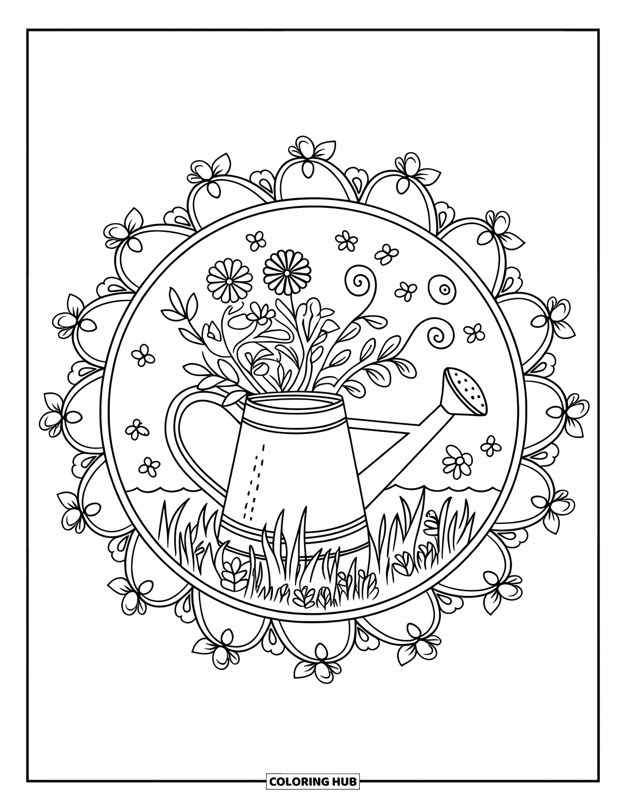 Spring Mandala Coloring Page for Kids: Watering can sits inside a layered mandala of leaves, flowers, and spirals