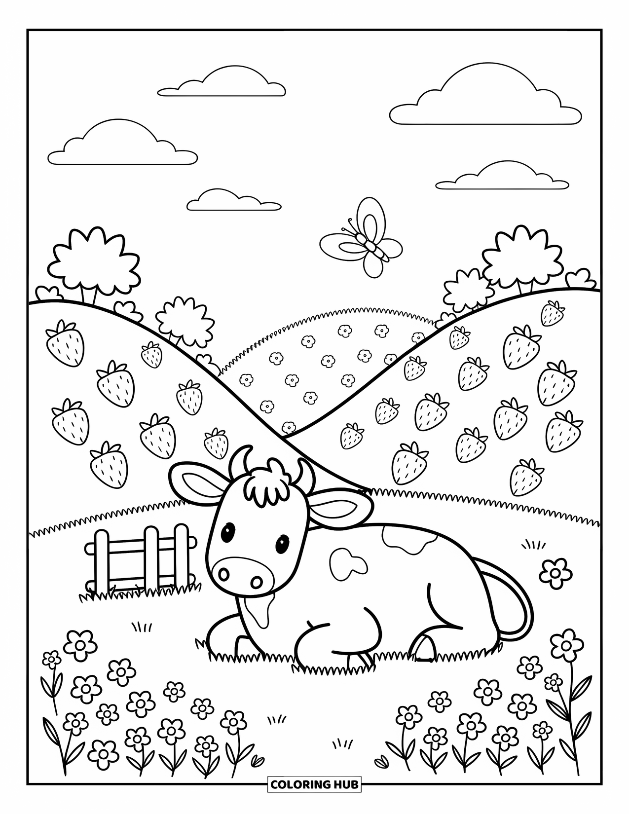 Strawberry Cow Coloring Page for Adults: Countryside hills dotted with giant strawberries and a cow by the fence