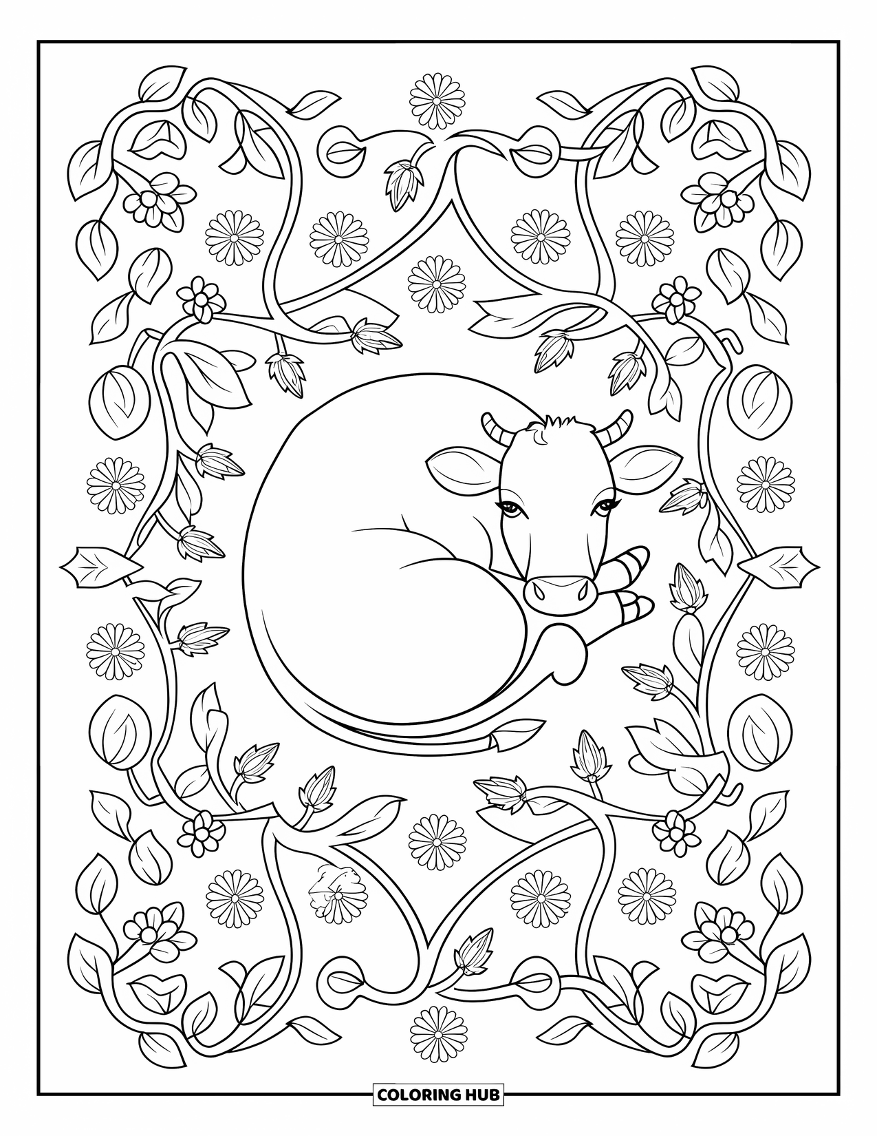 Strawberry Cow Coloring Page for Adults: Cow curled in the center of strawberry leaves and swirling vines