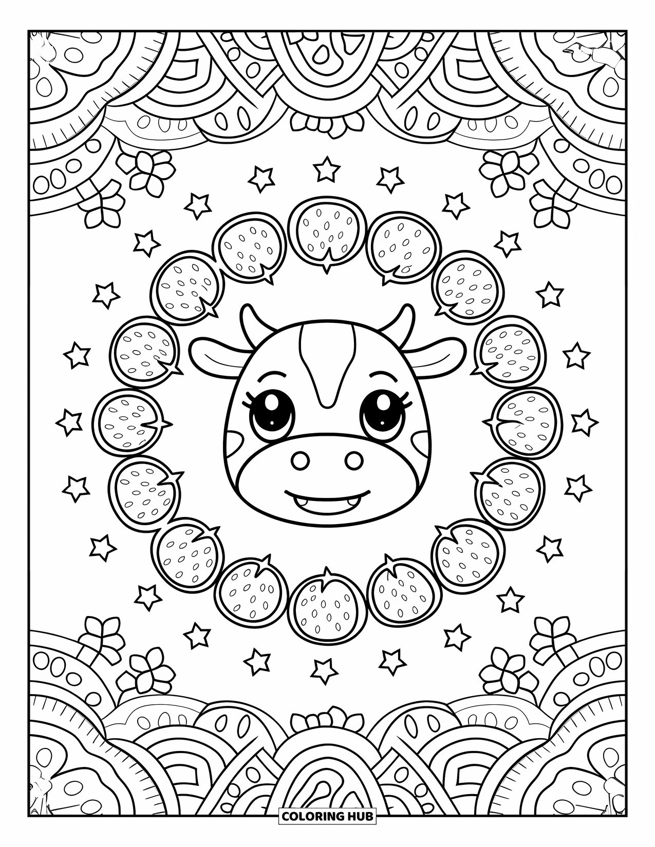 Strawberry Cow Coloring Page for Adults: Cow face framed by circles of strawberries, stars, and petals