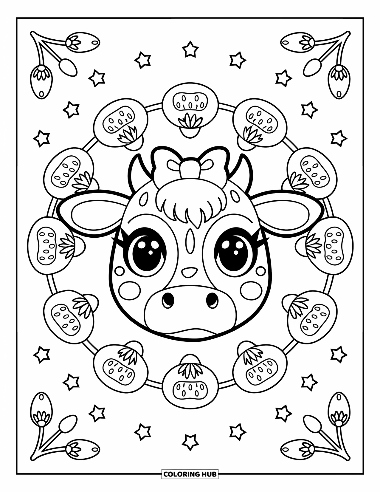 Strawberry Cow Coloring Page for Adults: Cow face with a bow framed by strawberries, petals, and stars