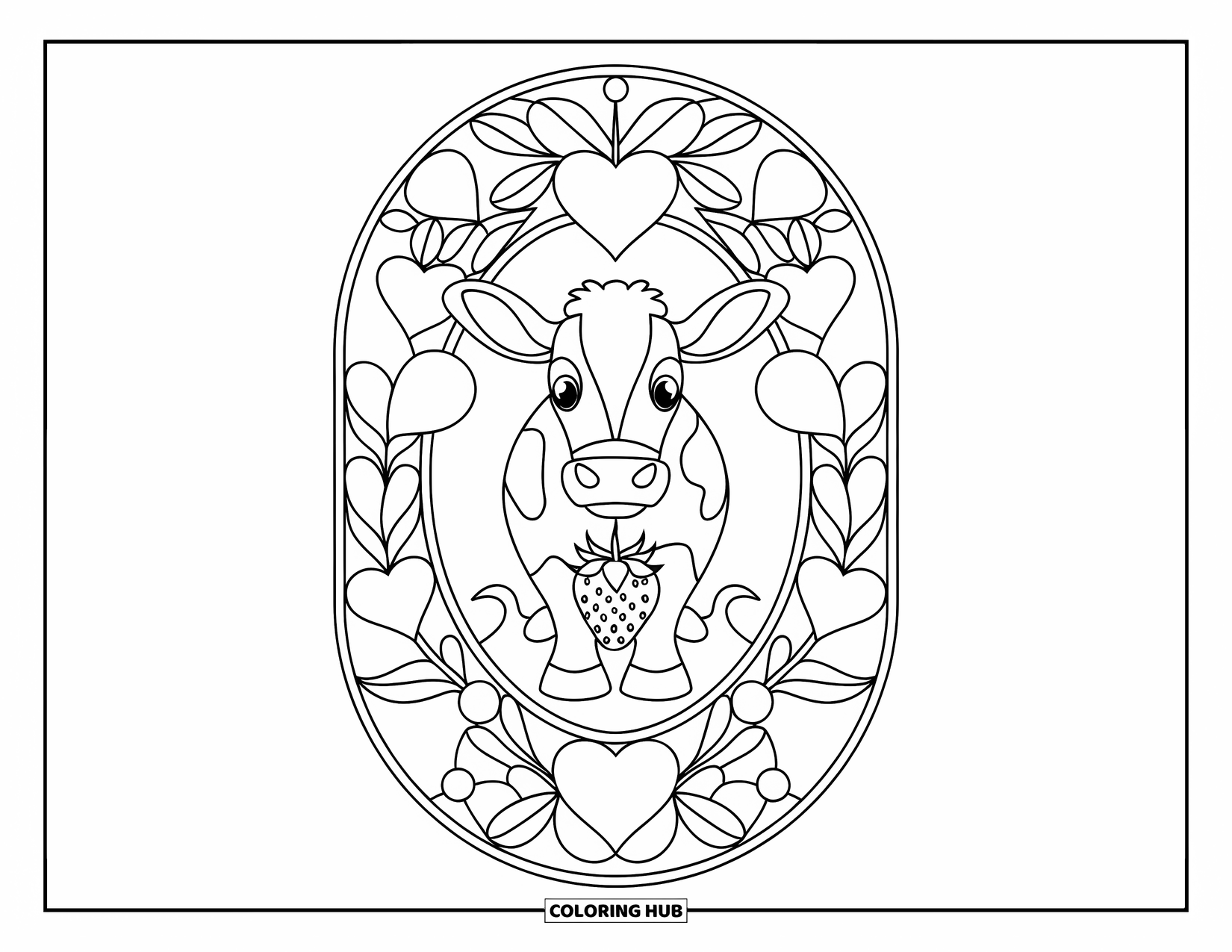 Strawberry Cow Coloring Page for Adults: Cow framed by stained glass hearts, leaves, and strawberry clusters