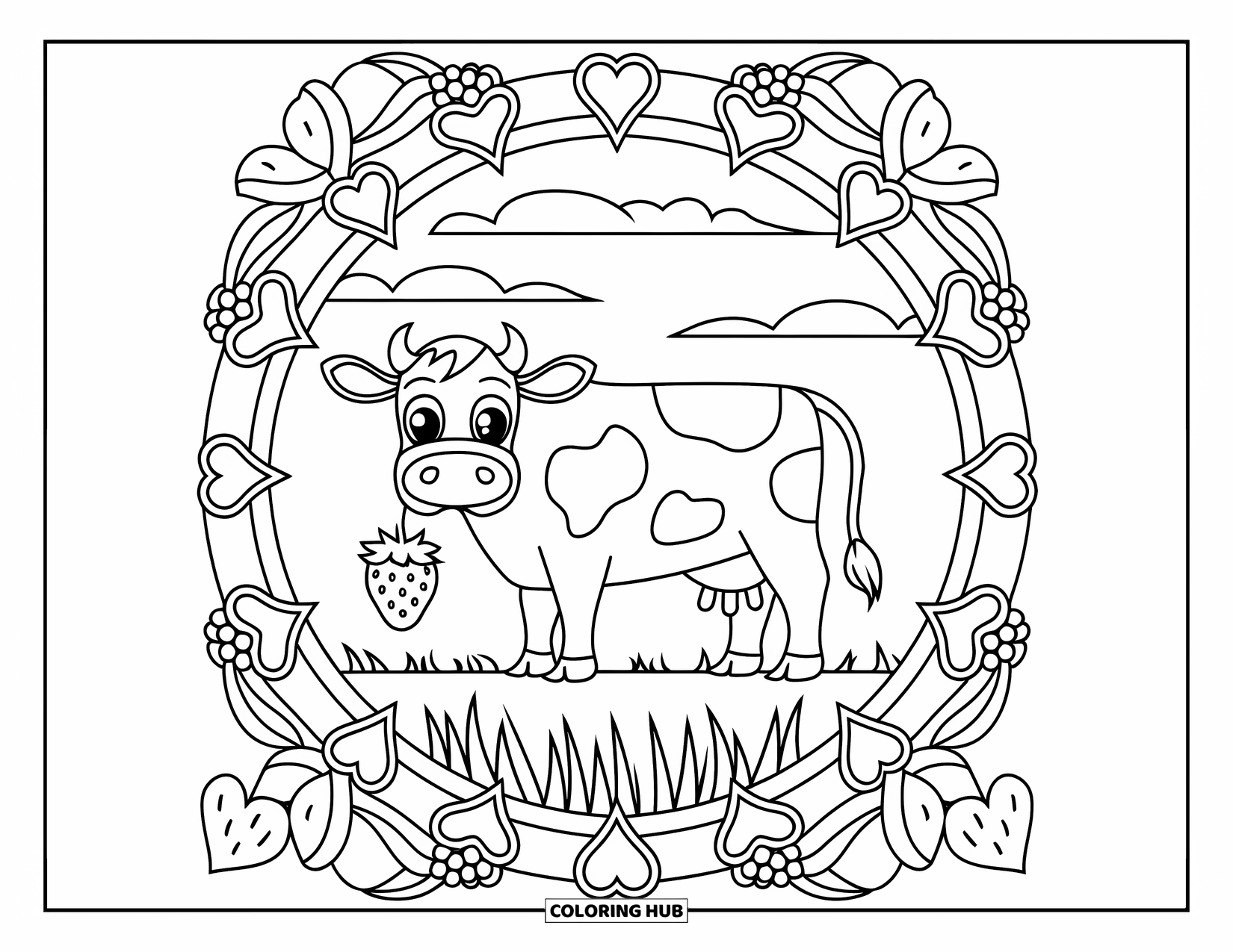 Strawberry Cow Coloring Page for Adults: Cow holding a strawberry in a grassy field with clouds above